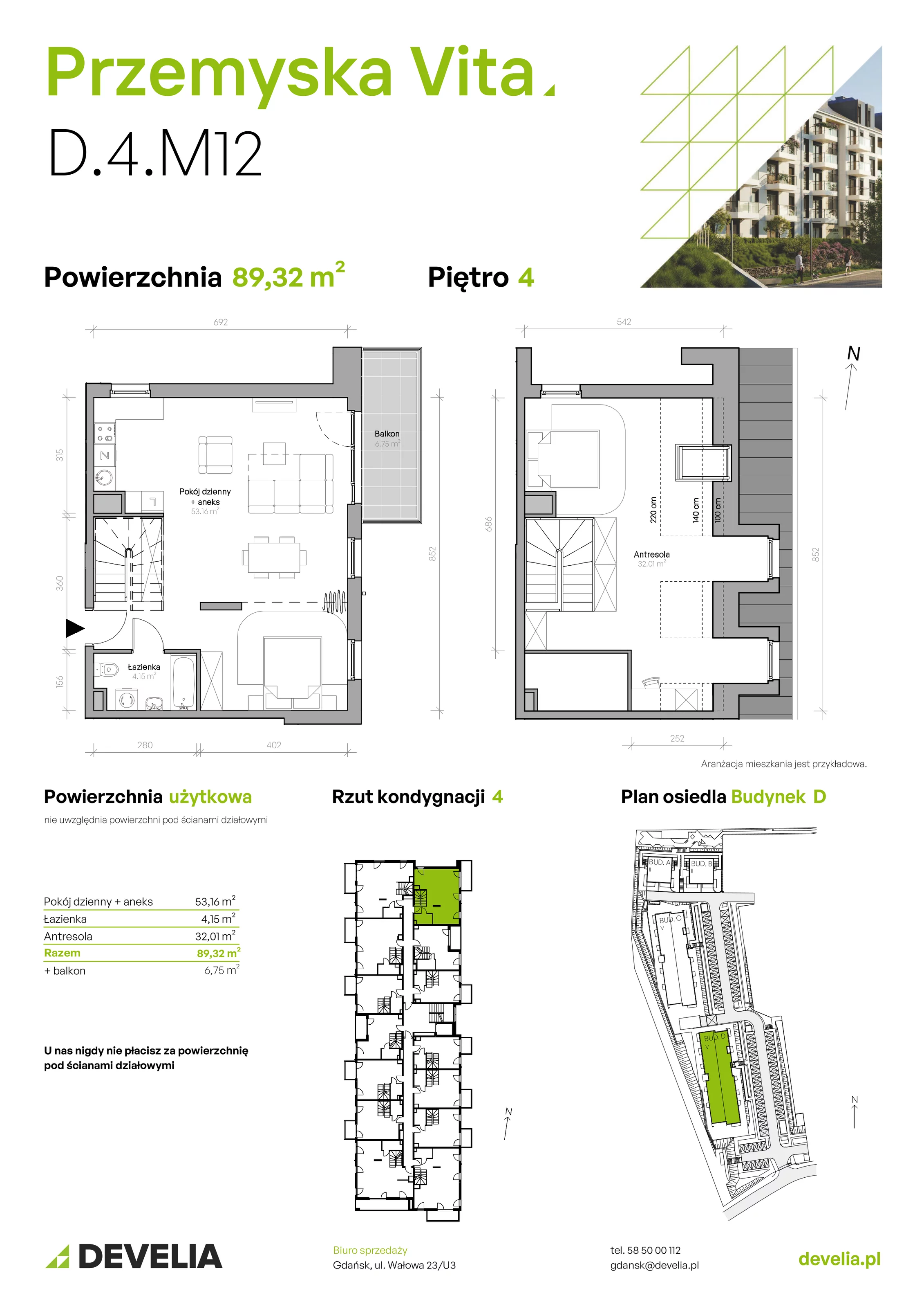 Mieszkanie 89,32 m², piętro 4, oferta nr D.4.M12, Przemyska Vita, Gdańsk, Ujeścisko-Łostowice, Ujeścisko, ul. Przemyska 37