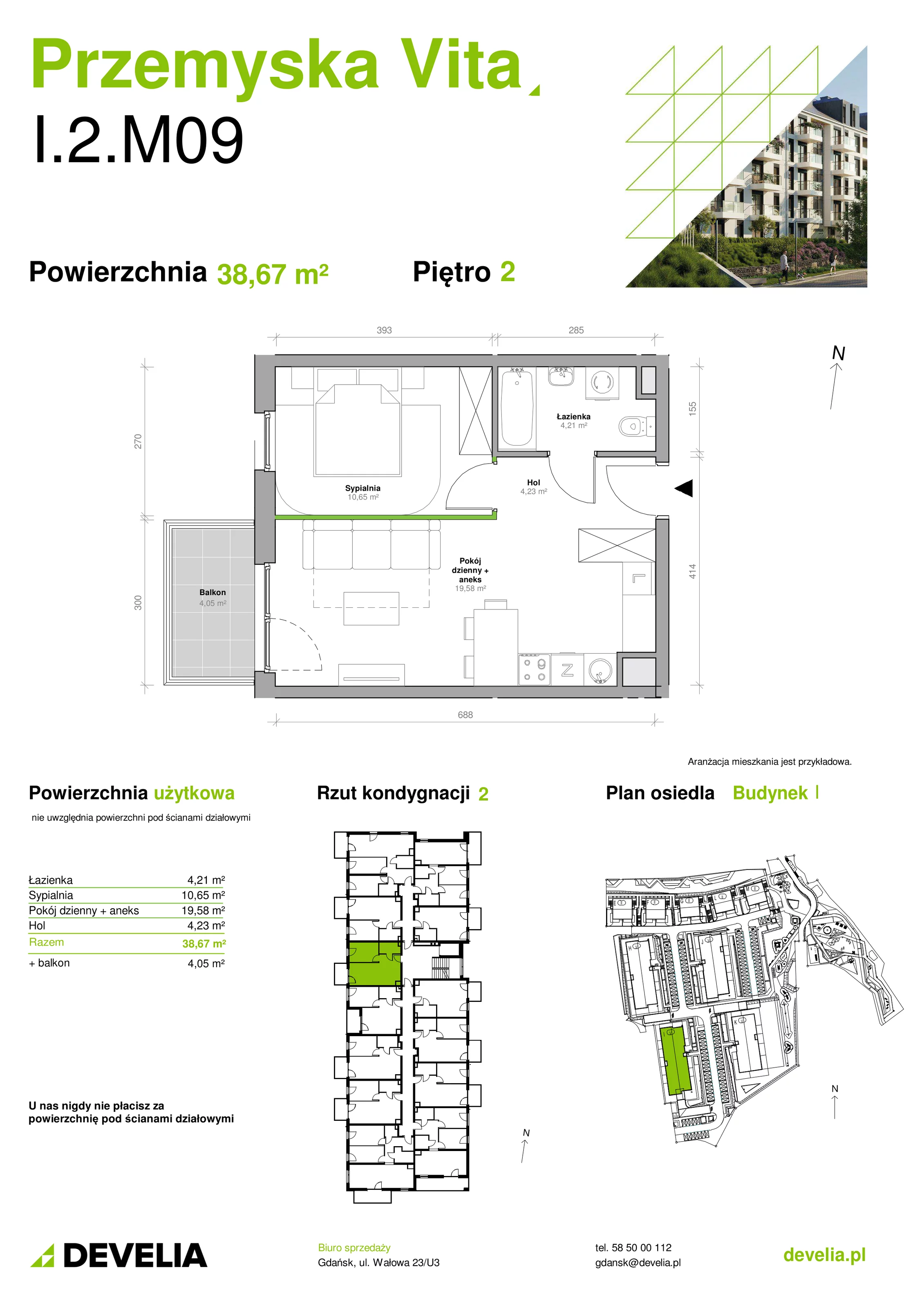 Mieszkanie 38,67 m², piętro 2, oferta nr I.2.M09, Przemyska Vita, Gdańsk, Ujeścisko-Łostowice, Ujeścisko, ul. Przemyska 37