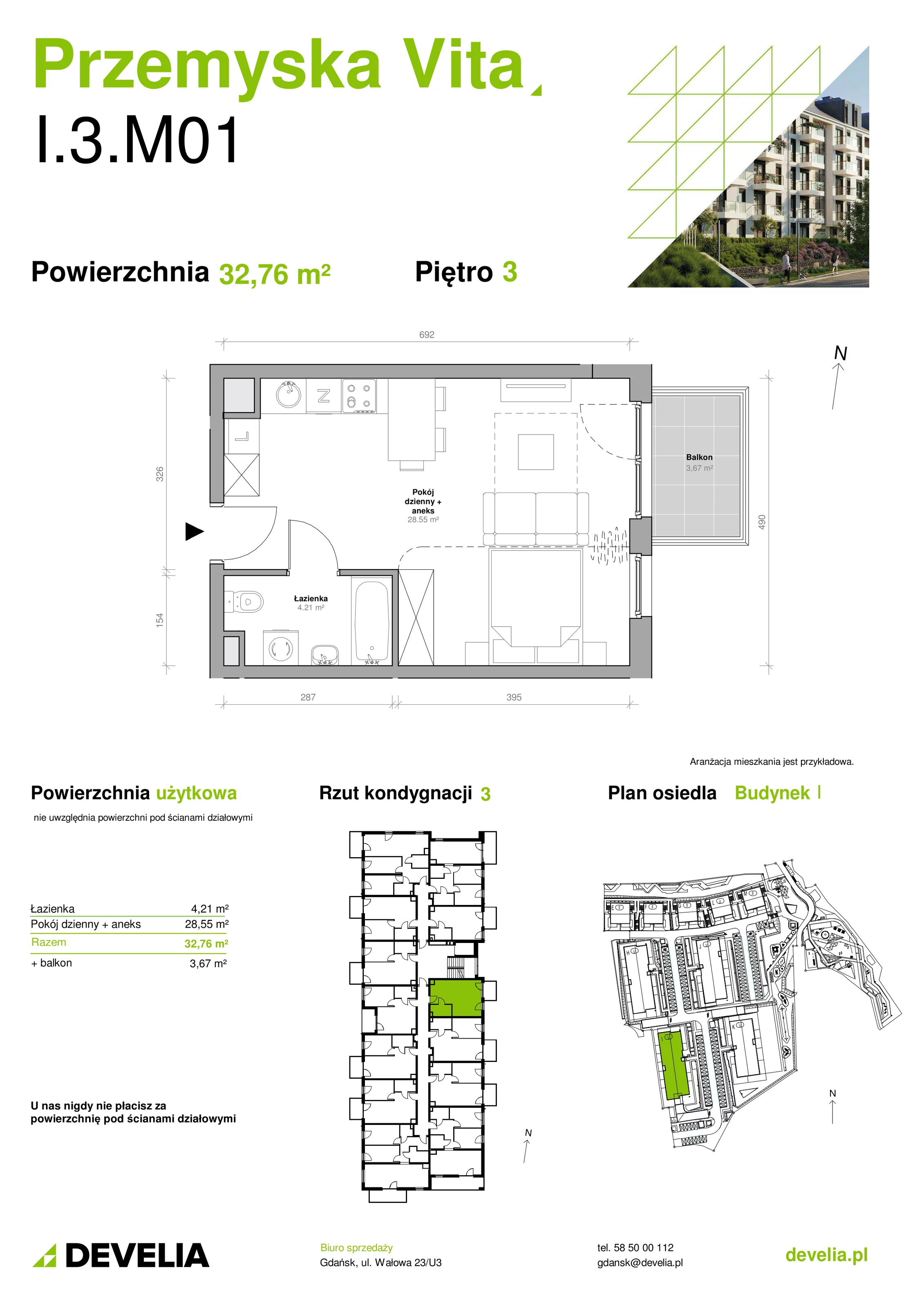 Mieszkanie 32,76 m², piętro 3, oferta nr I.3.M01, Przemyska Vita, Gdańsk, Ujeścisko-Łostowice, Ujeścisko, ul. Przemyska 37