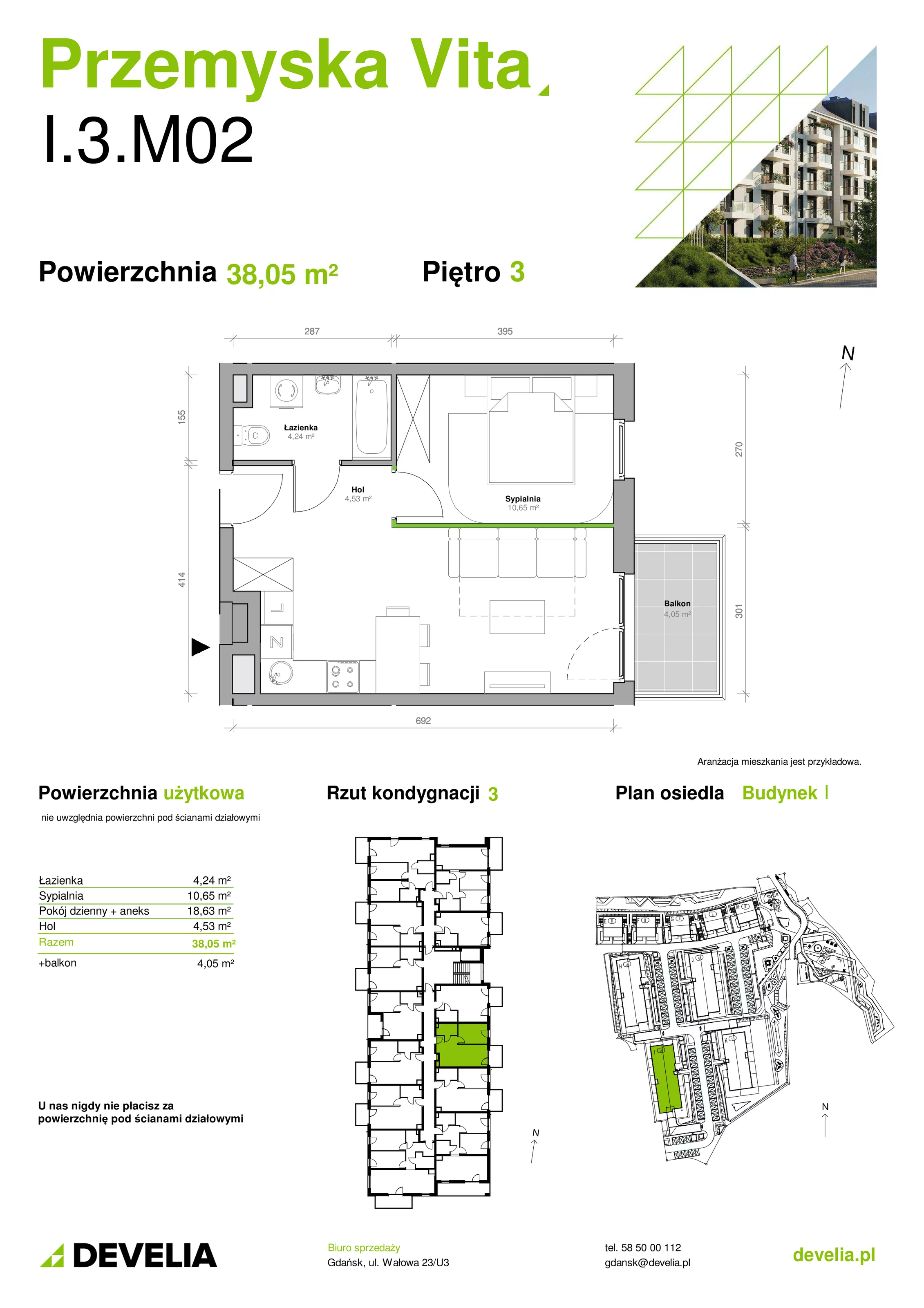 Mieszkanie 38,05 m², piętro 3, oferta nr I.3.M02, Przemyska Vita, Gdańsk, Ujeścisko-Łostowice, Ujeścisko, ul. Przemyska 37