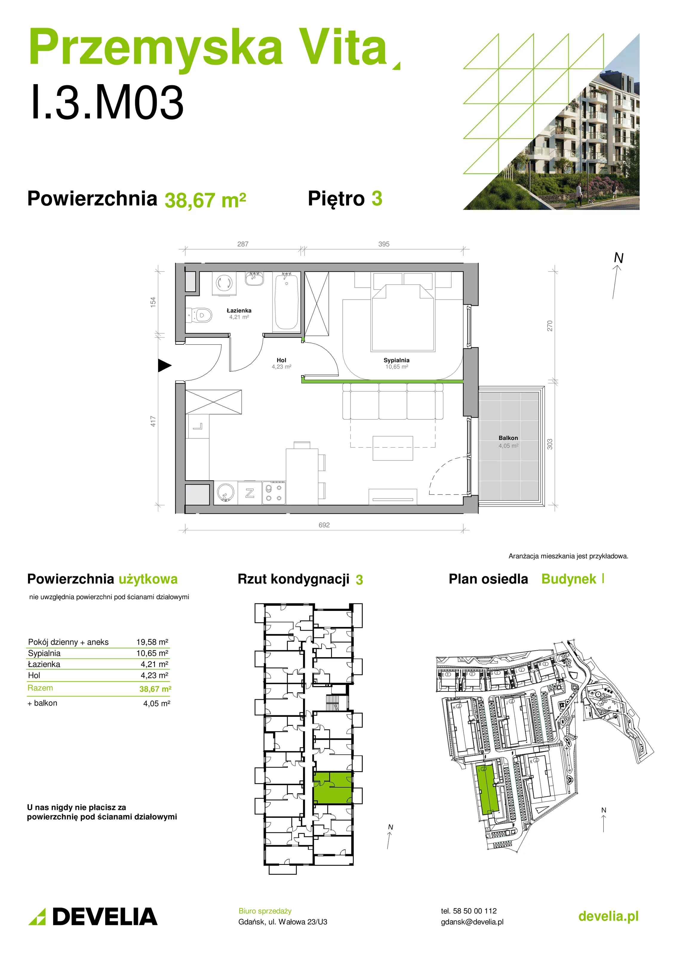 Mieszkanie 38,67 m², piętro 3, oferta nr I.3.M03, Przemyska Vita, Gdańsk, Ujeścisko-Łostowice, Ujeścisko, ul. Przemyska 37