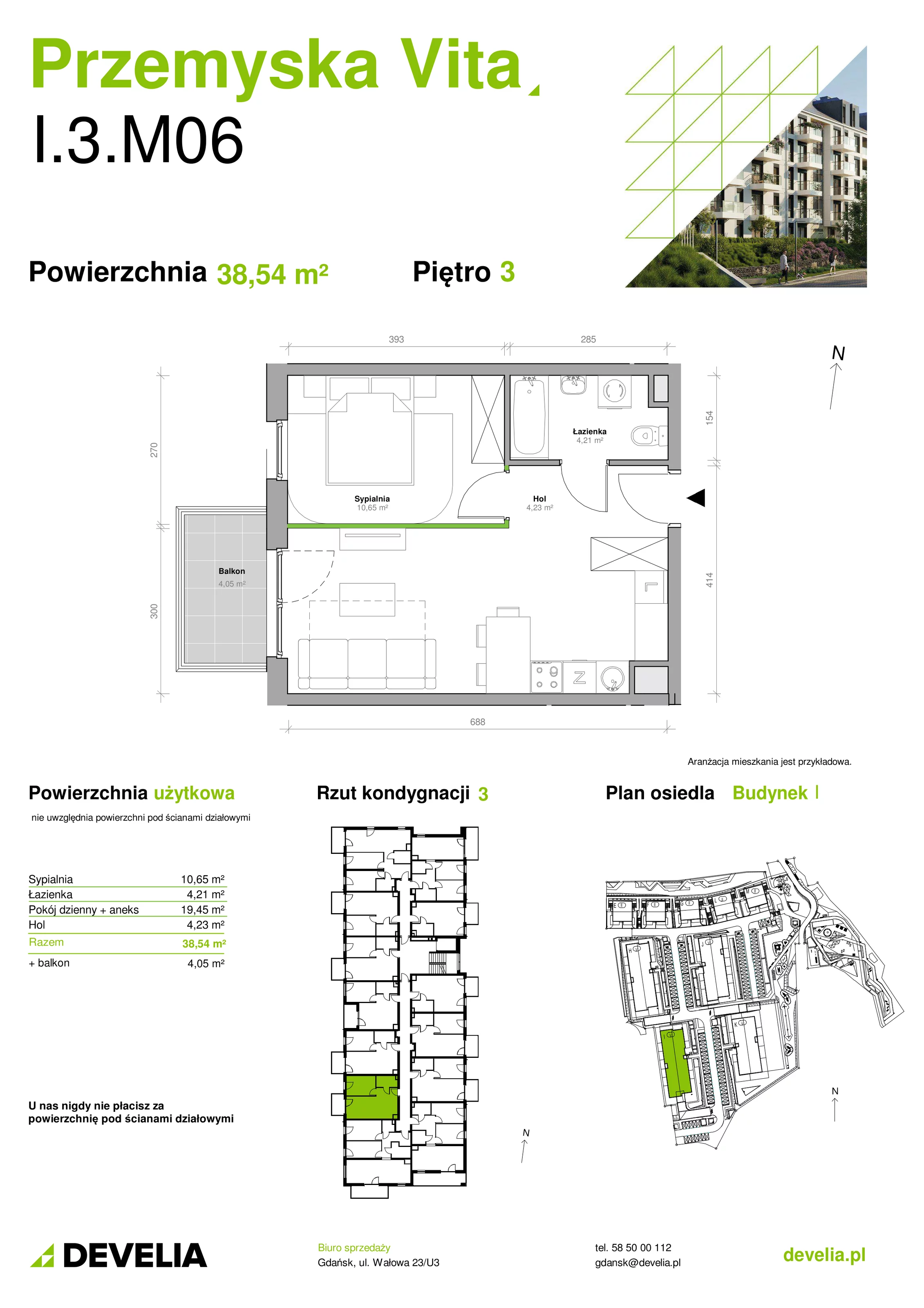 Mieszkanie 38,54 m², piętro 3, oferta nr I.3.M06, Przemyska Vita, Gdańsk, Ujeścisko-Łostowice, Ujeścisko, ul. Przemyska 37