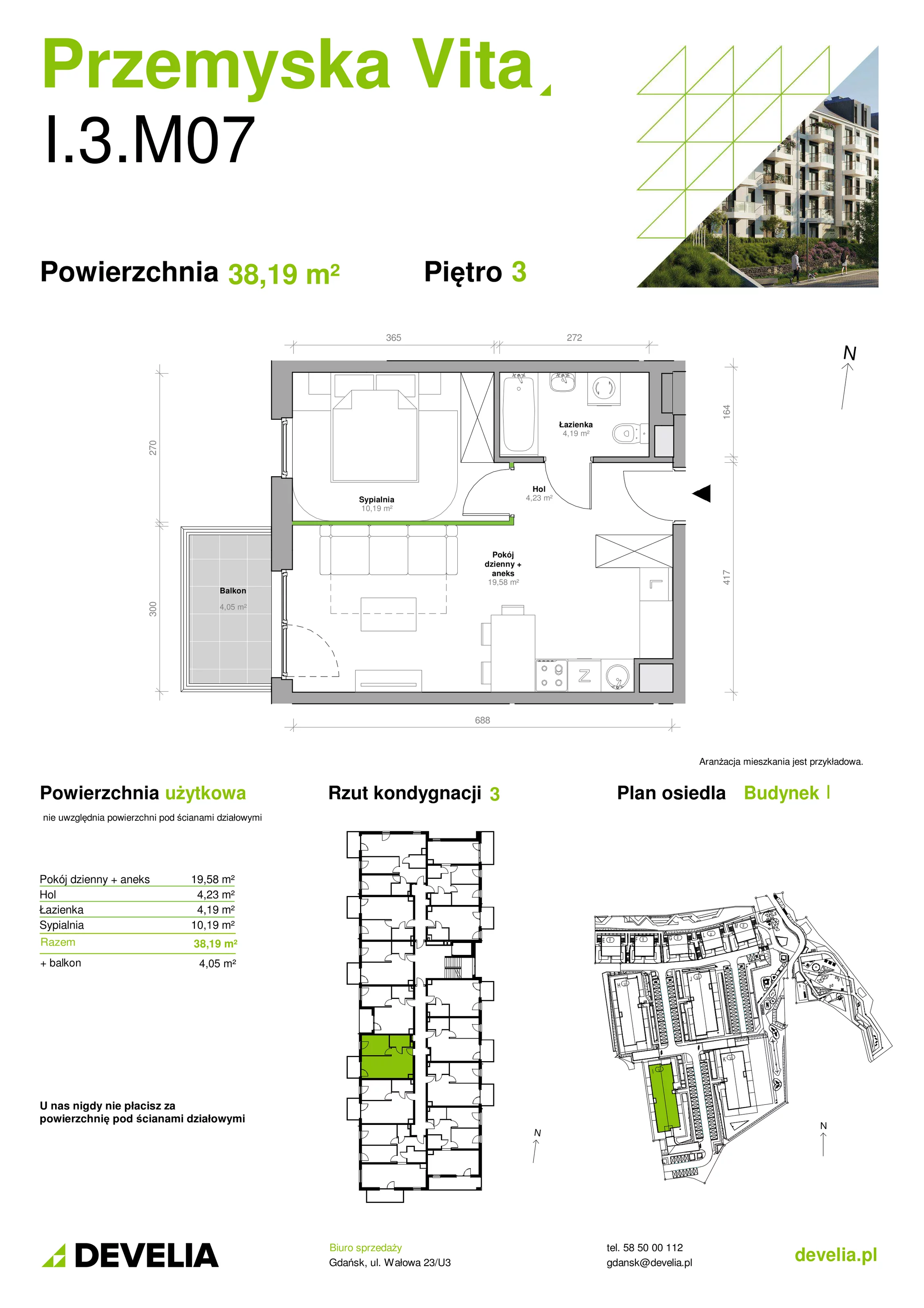 Mieszkanie 38,19 m², piętro 3, oferta nr I.3.M07, Przemyska Vita, Gdańsk, Ujeścisko-Łostowice, Ujeścisko, ul. Przemyska 37