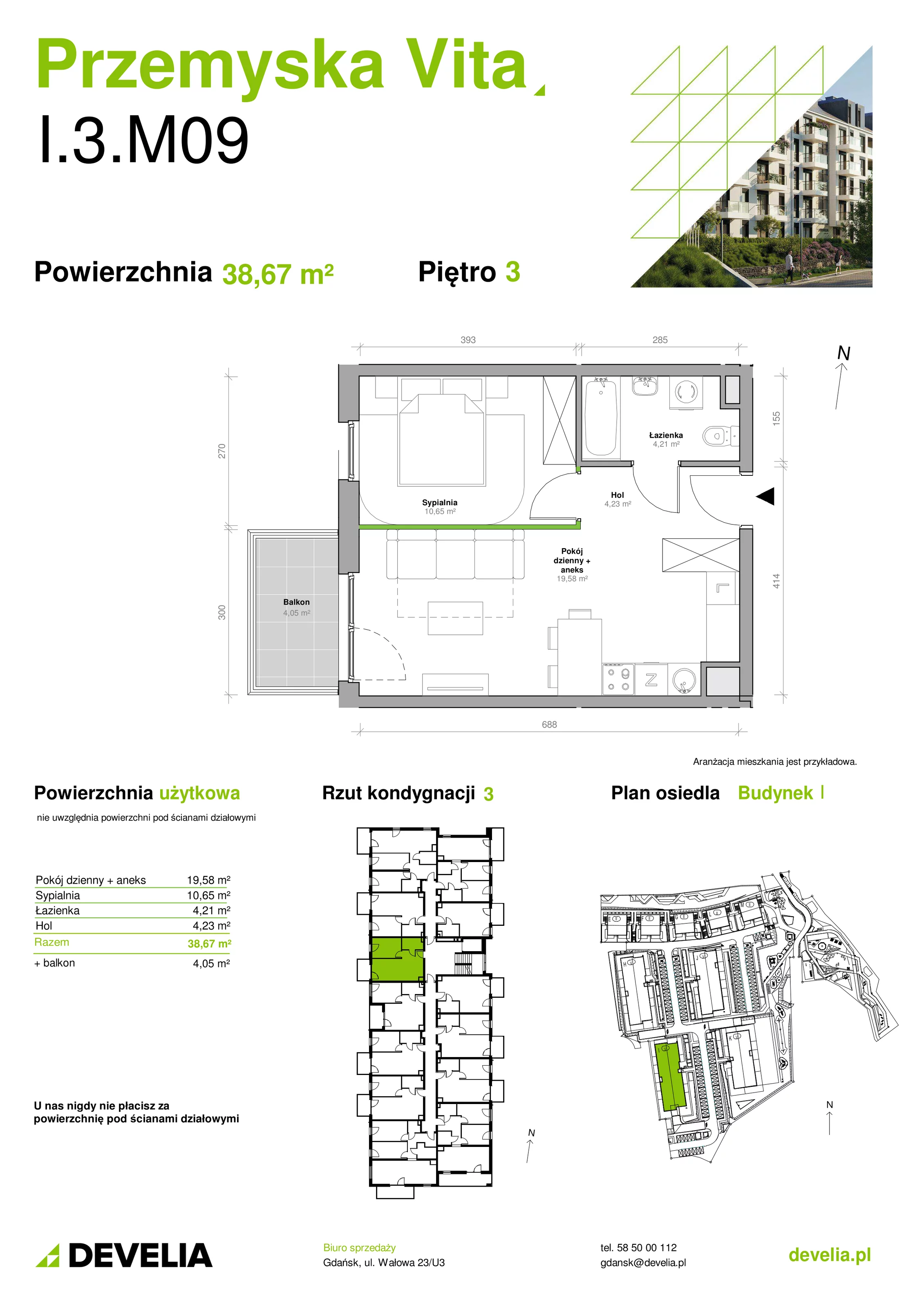 Mieszkanie 38,67 m², piętro 3, oferta nr I.3.M09, Przemyska Vita, Gdańsk, Ujeścisko-Łostowice, Ujeścisko, ul. Przemyska 37