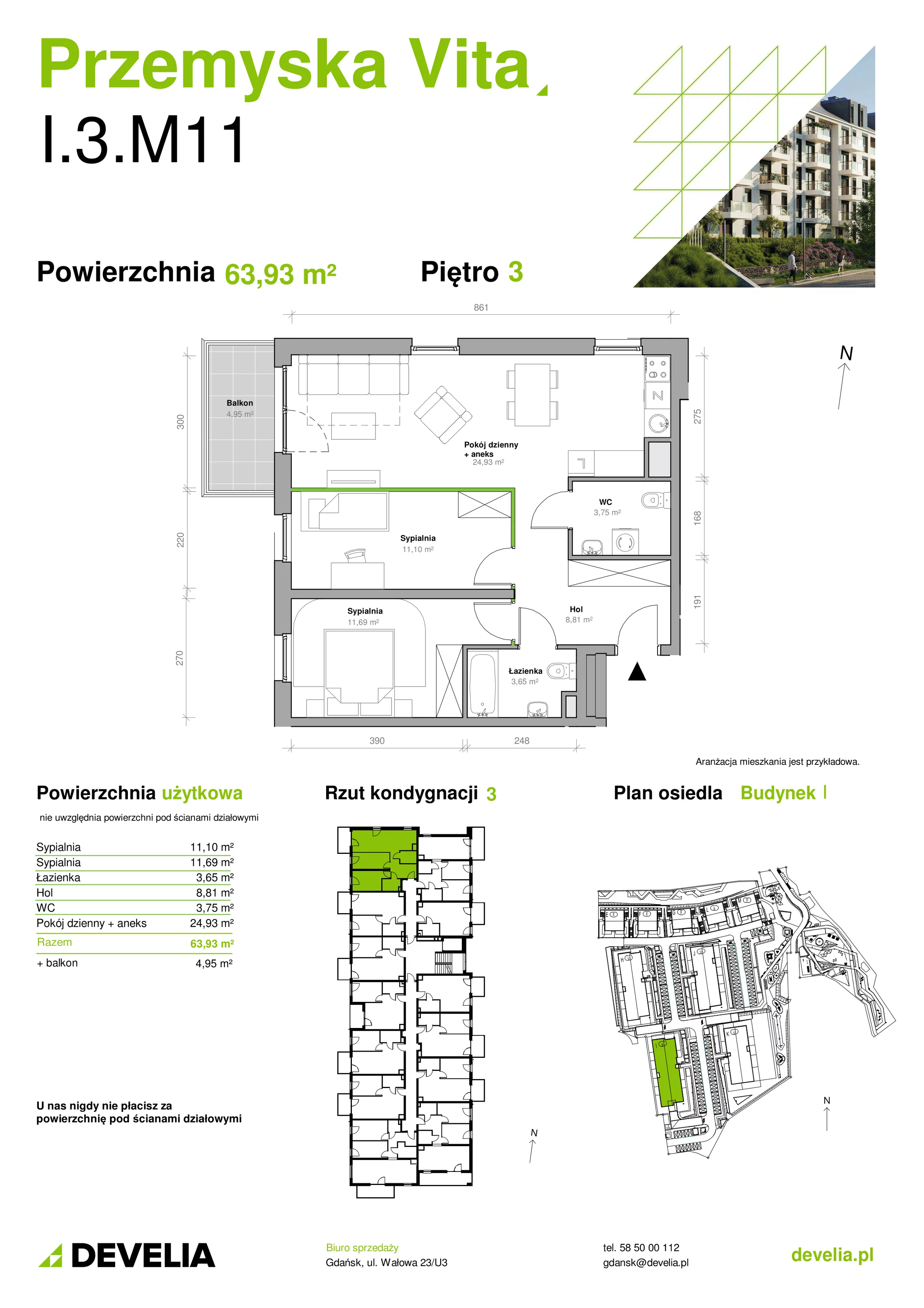 Mieszkanie 63,93 m², piętro 3, oferta nr I.3.M11, Przemyska Vita, Gdańsk, Ujeścisko-Łostowice, Ujeścisko, ul. Przemyska 37