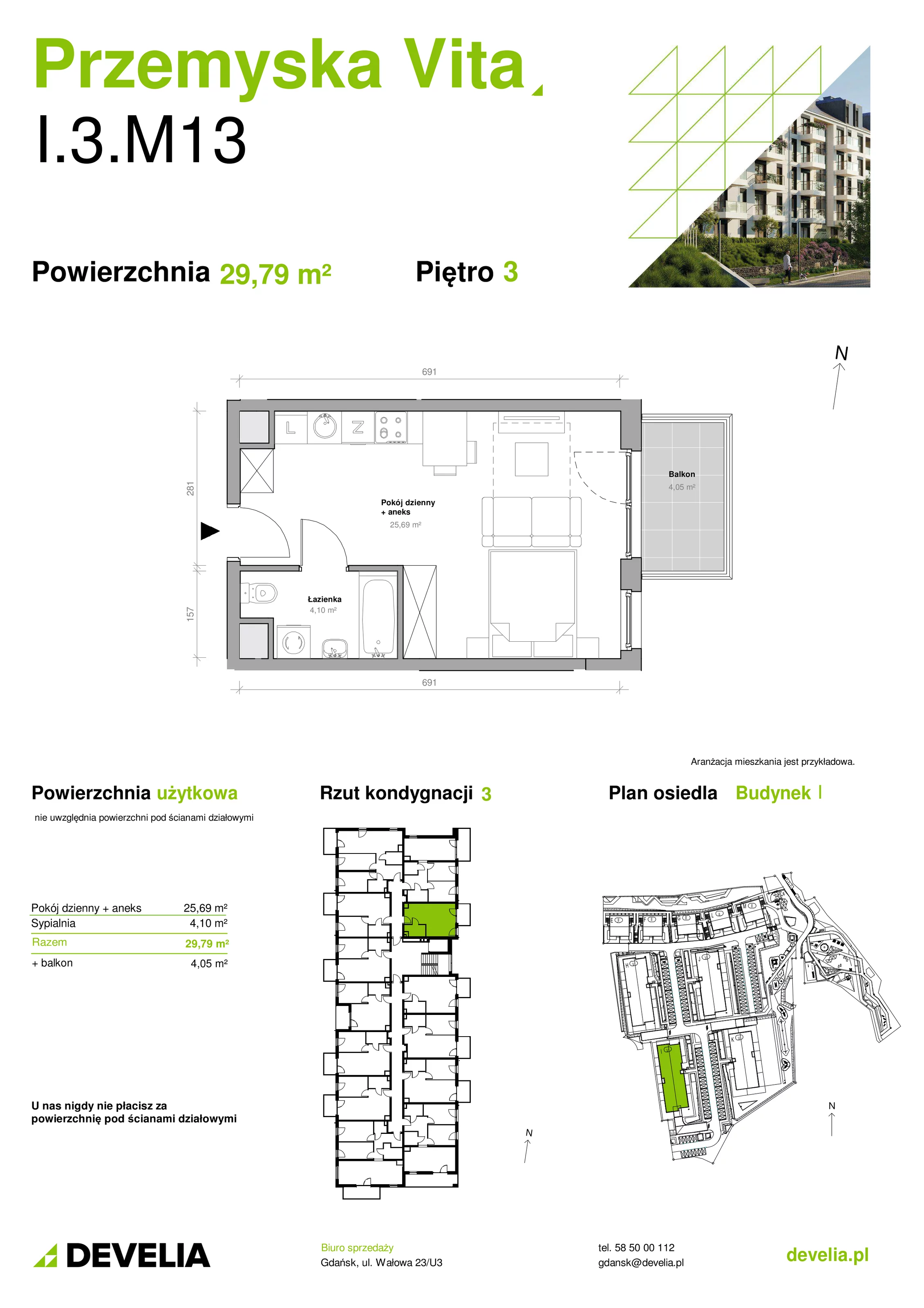 Mieszkanie 29,79 m², piętro 3, oferta nr I.3.M13, Przemyska Vita, Gdańsk, Ujeścisko-Łostowice, Ujeścisko, ul. Przemyska 37