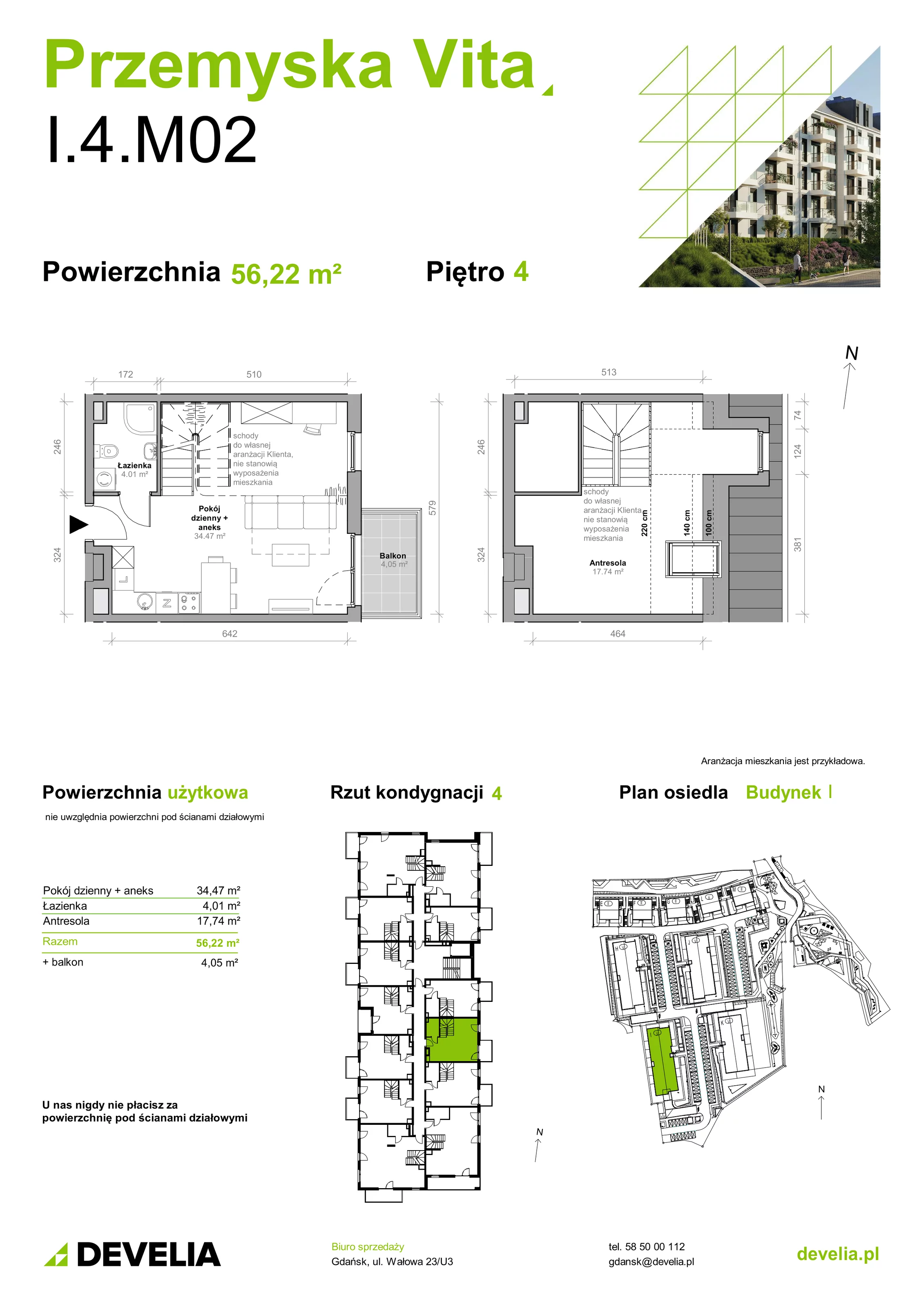 Mieszkanie 56,22 m², piętro 4, oferta nr I.4.M02, Przemyska Vita, Gdańsk, Ujeścisko-Łostowice, Ujeścisko, ul. Przemyska 37