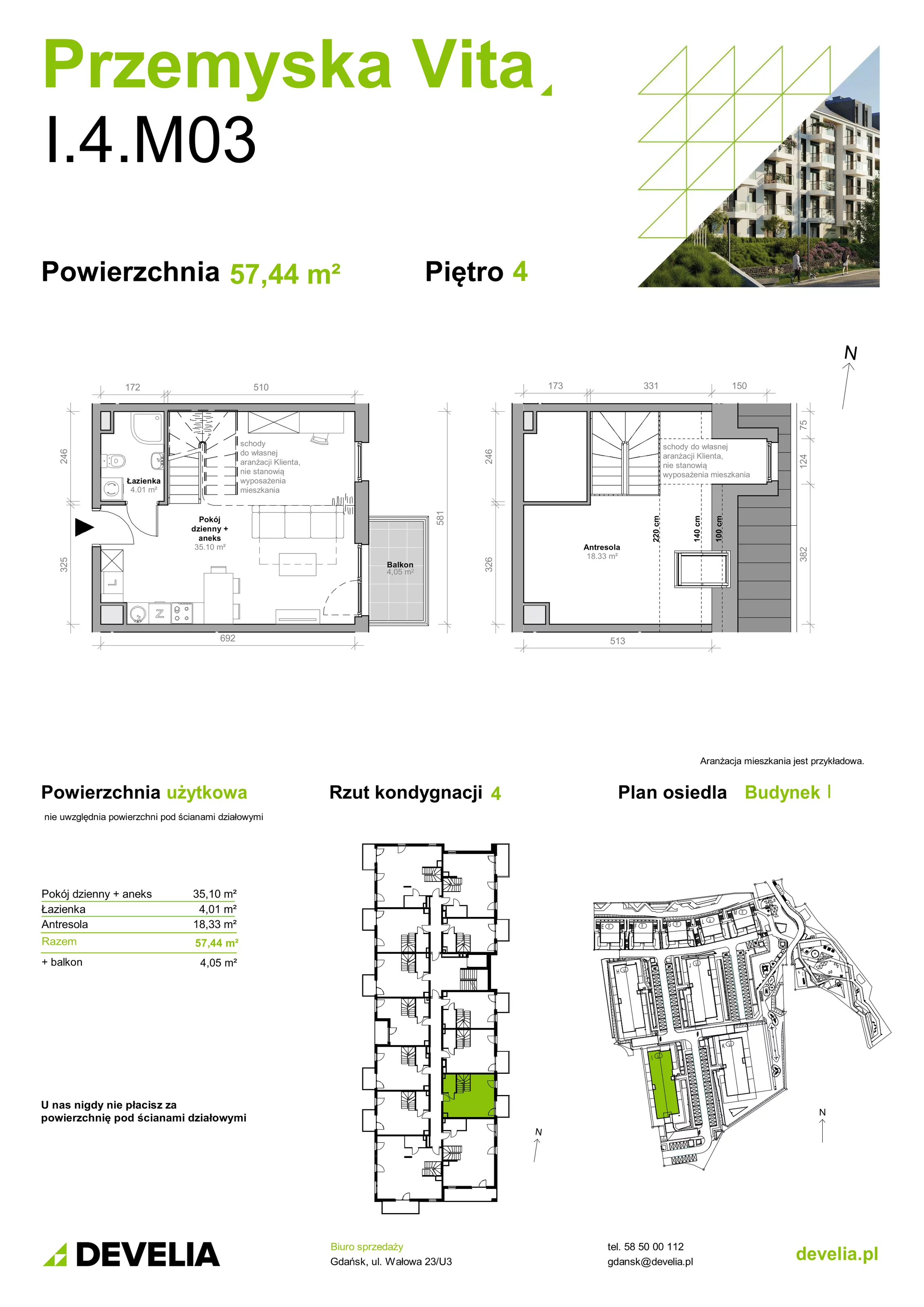 Mieszkanie 57,44 m², piętro 4, oferta nr I.4.M03, Przemyska Vita, Gdańsk, Ujeścisko-Łostowice, Ujeścisko, ul. Przemyska 37