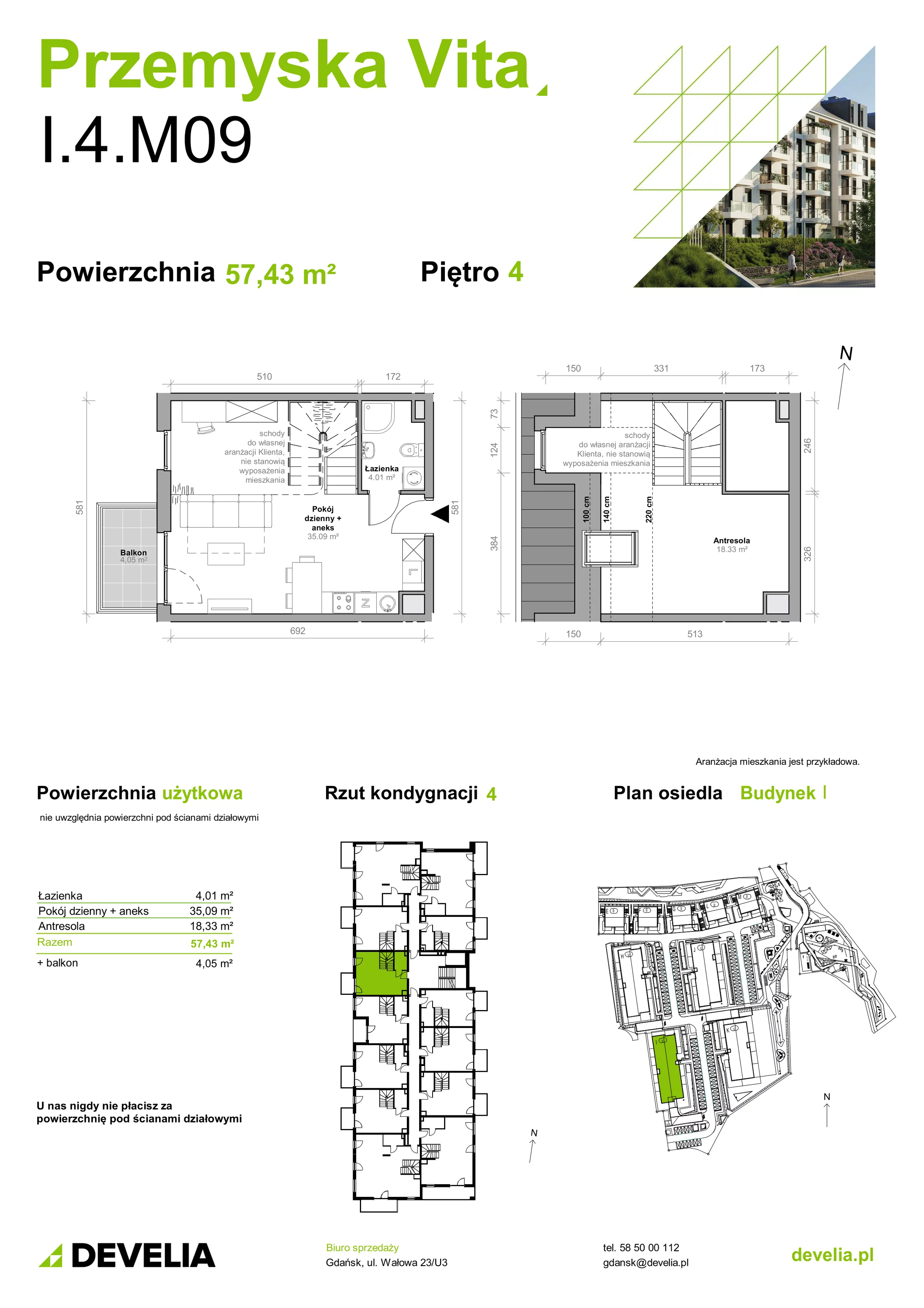 Mieszkanie 57,43 m², piętro 4, oferta nr I.4.M09, Przemyska Vita, Gdańsk, Ujeścisko-Łostowice, Ujeścisko, ul. Przemyska 37