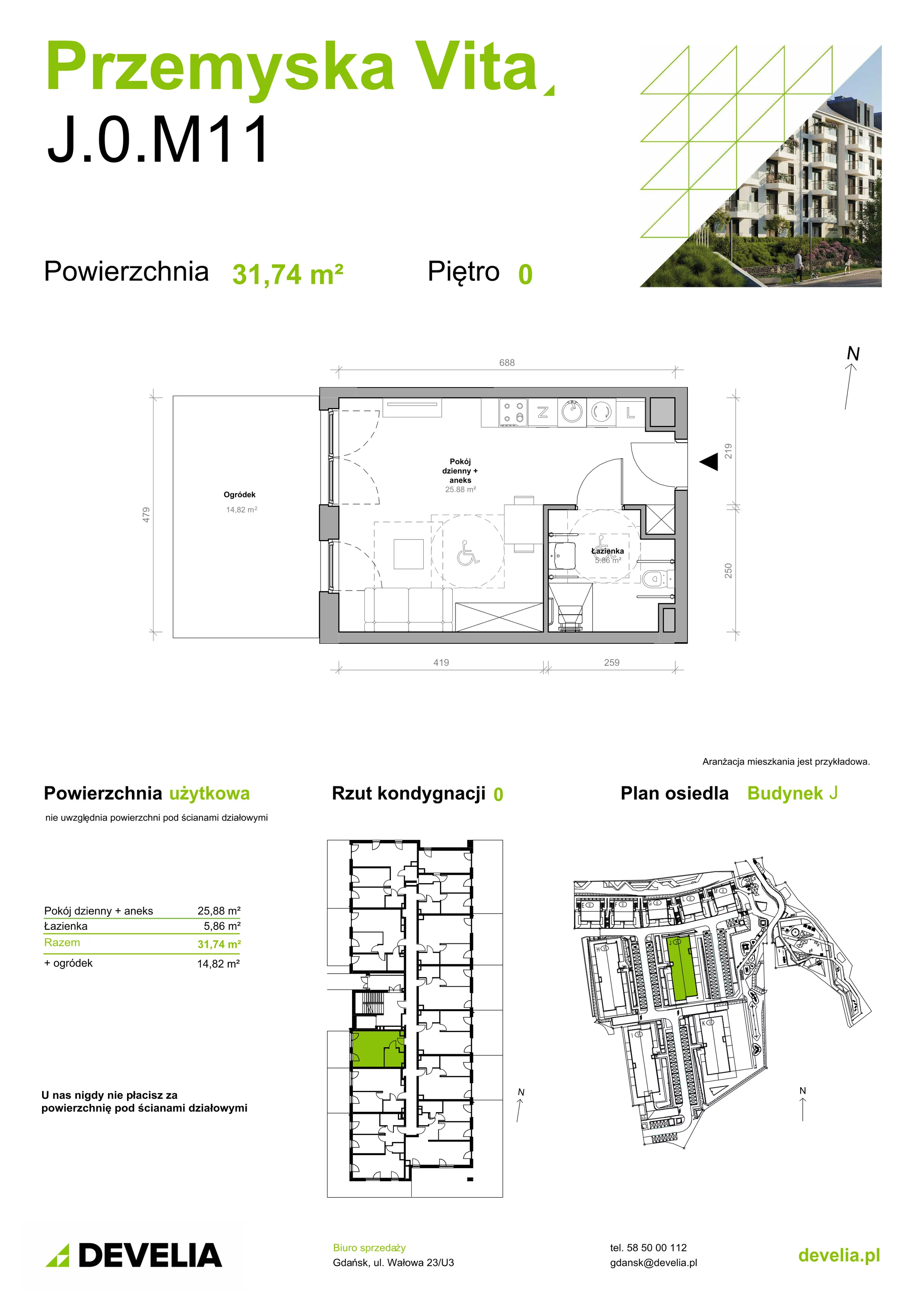 Mieszkanie 31,74 m², parter, oferta nr J.0.M11, Przemyska Vita, Gdańsk, Ujeścisko-Łostowice, Ujeścisko, ul. Przemyska 37