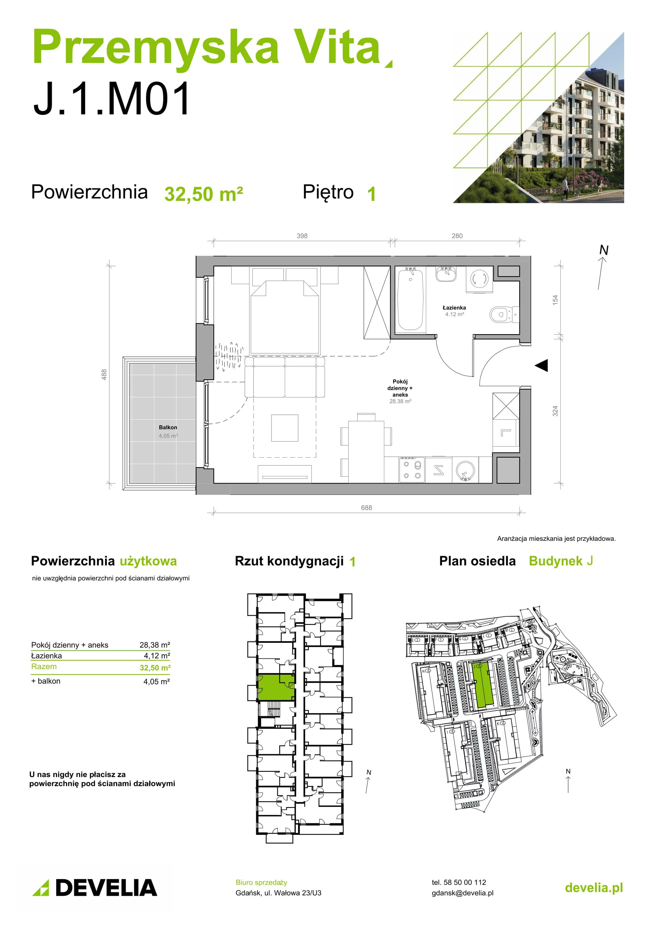 Mieszkanie 32,50 m², piętro 1, oferta nr J.1.M01, Przemyska Vita, Gdańsk, Ujeścisko-Łostowice, Ujeścisko, ul. Przemyska 37