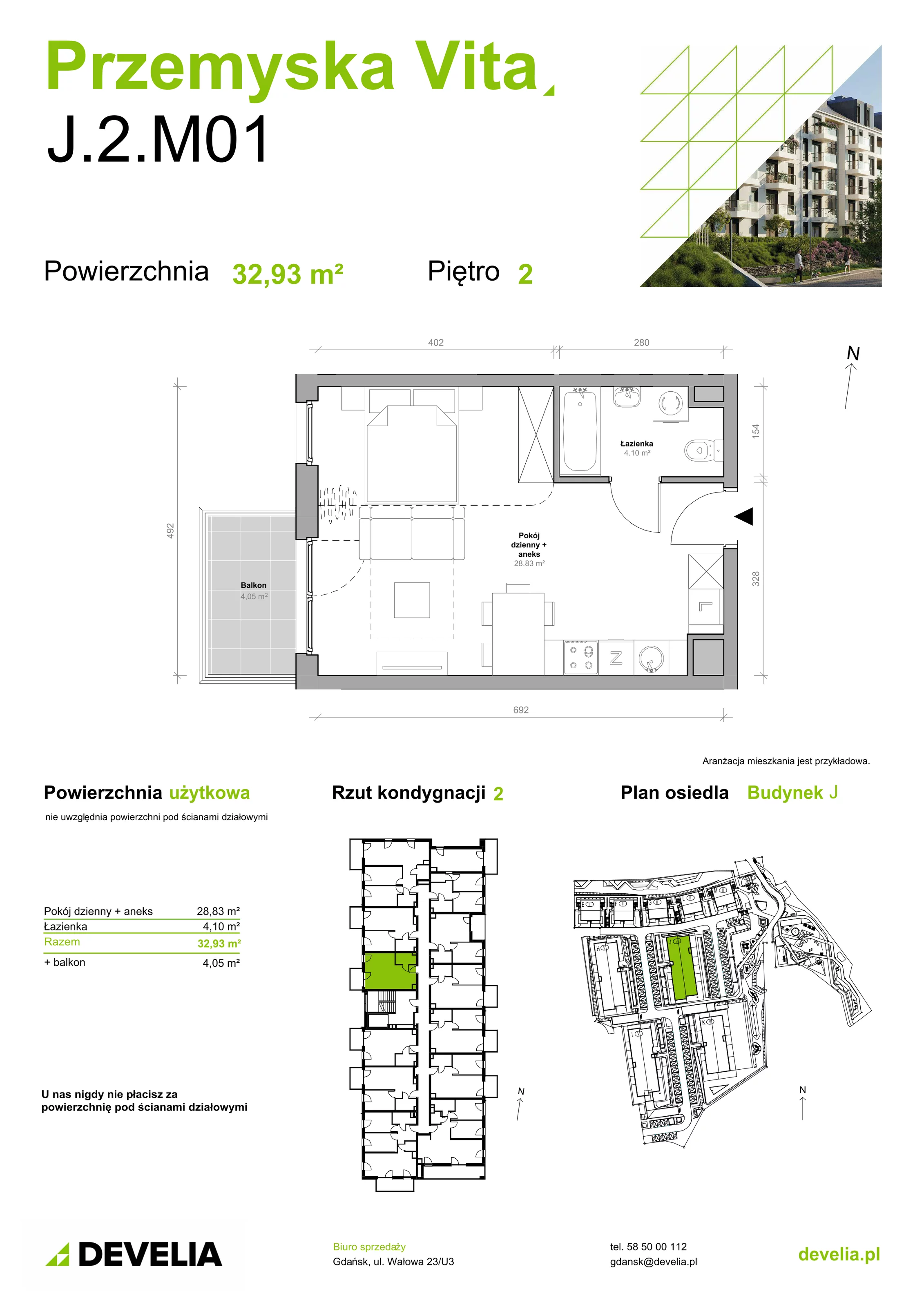 Mieszkanie 32,93 m², piętro 2, oferta nr J.2.M01, Przemyska Vita, Gdańsk, Ujeścisko-Łostowice, Ujeścisko, ul. Przemyska 37
