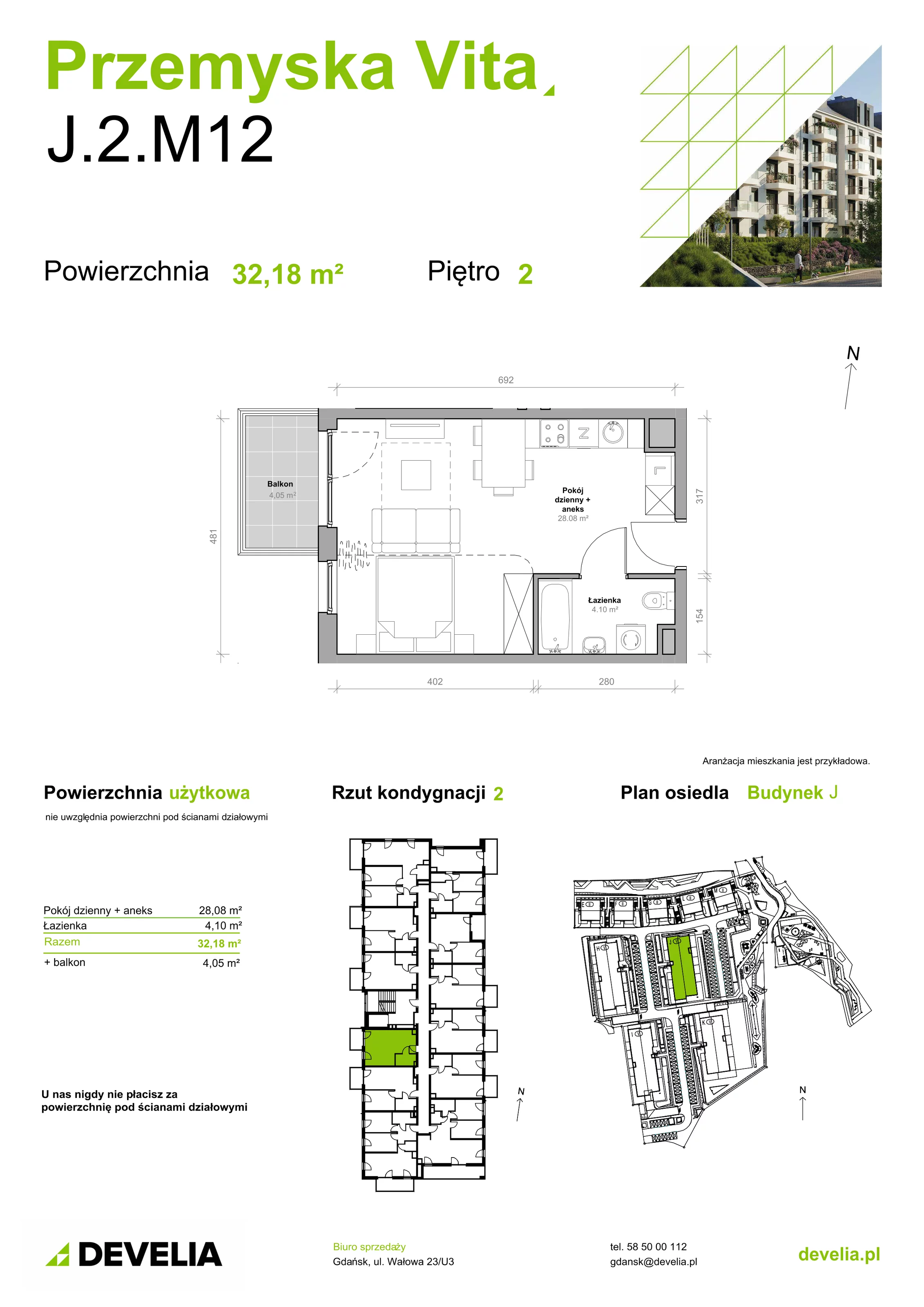 Mieszkanie 32,18 m², piętro 2, oferta nr J.2.M12, Przemyska Vita, Gdańsk, Ujeścisko-Łostowice, Ujeścisko, ul. Przemyska 37