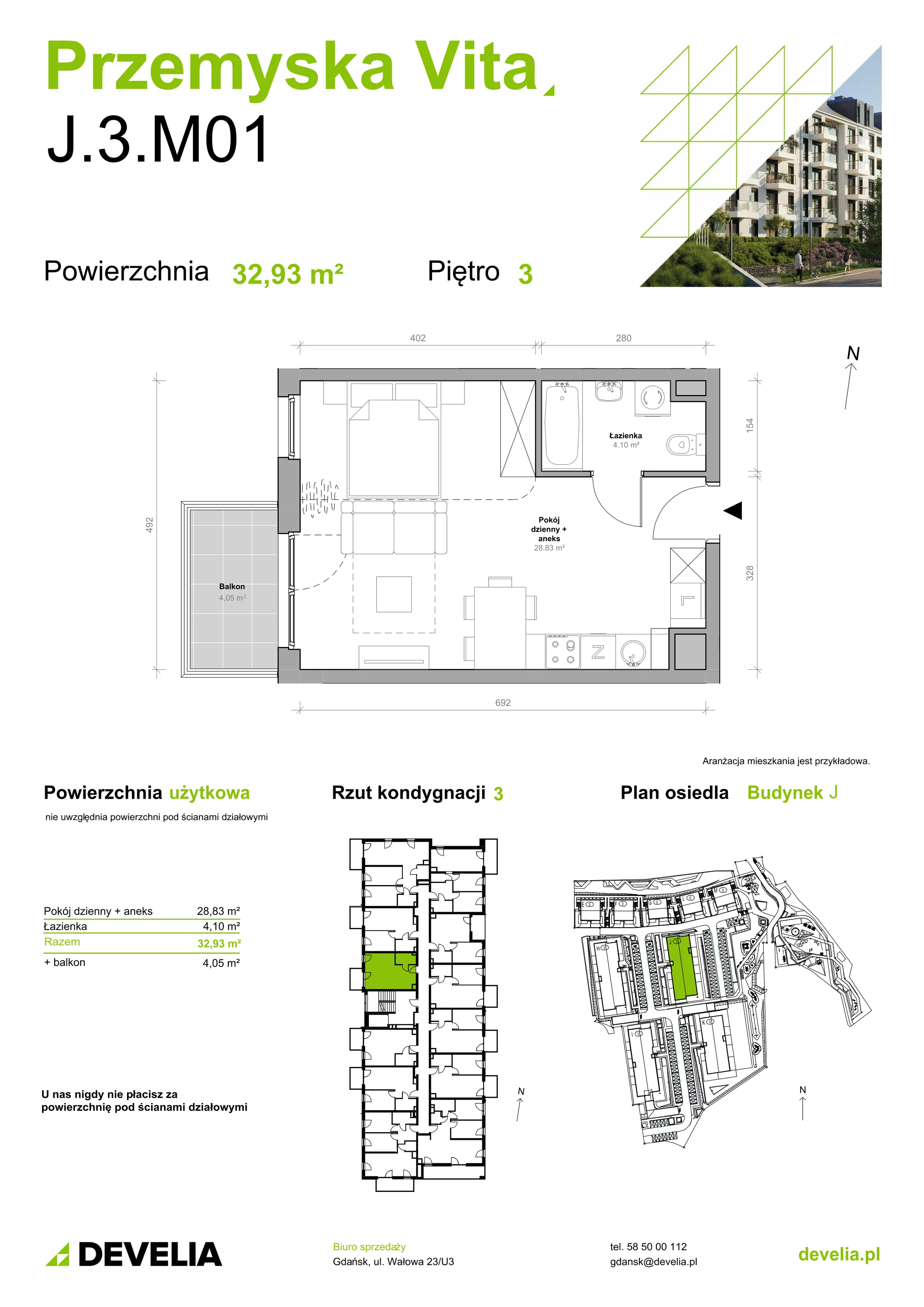 Mieszkanie 32,93 m², piętro 3, oferta nr J.3.M01, Przemyska Vita, Gdańsk, Ujeścisko-Łostowice, Ujeścisko, ul. Przemyska 37