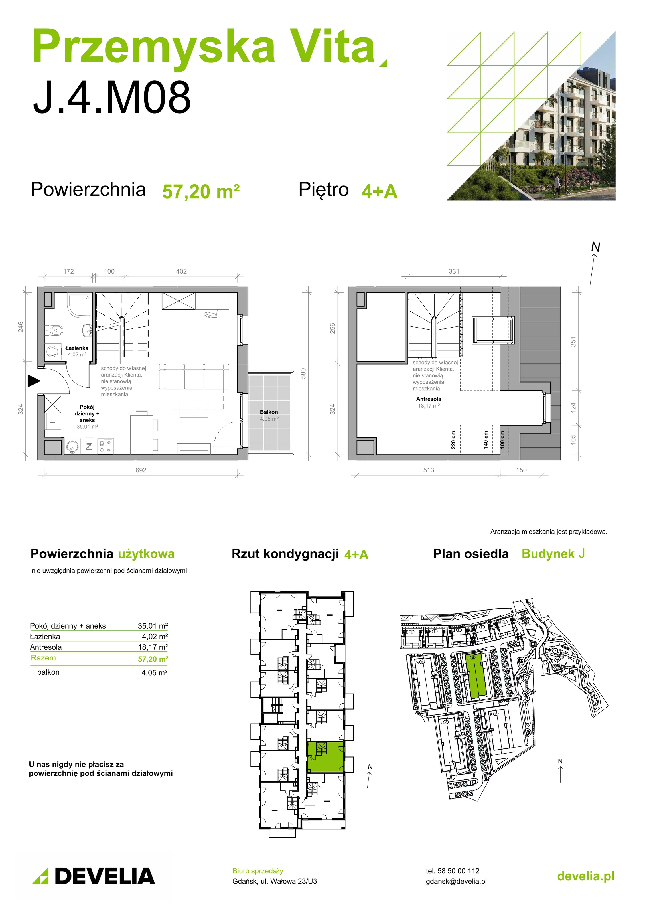 Mieszkanie 57,28 m², piętro 4, oferta nr J.4.M08, Przemyska Vita, Gdańsk, Ujeścisko-Łostowice, Ujeścisko, ul. Przemyska 37