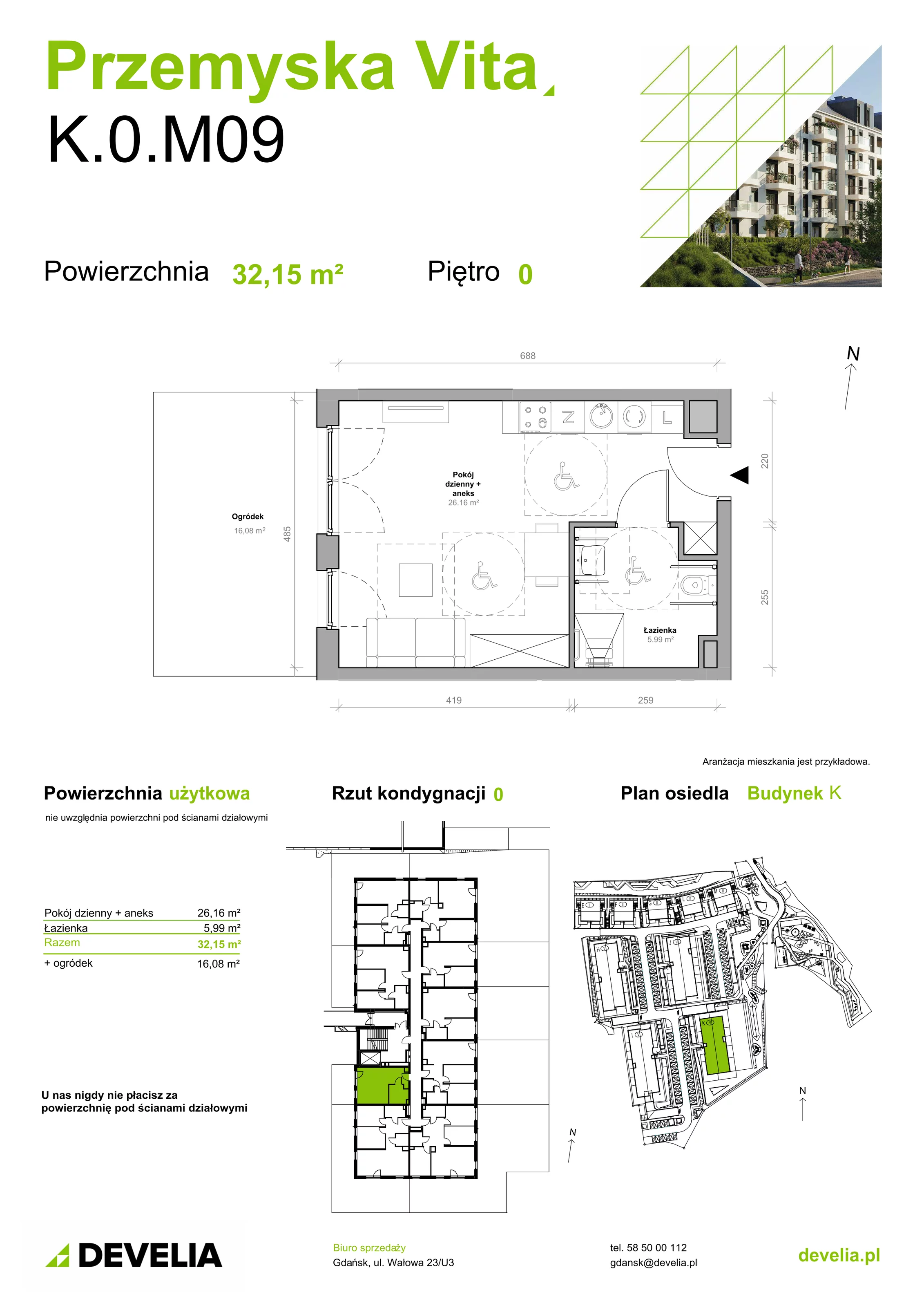 Mieszkanie 32,15 m², parter, oferta nr K.0.M09, Przemyska Vita, Gdańsk, Ujeścisko-Łostowice, Ujeścisko, ul. Przemyska 37