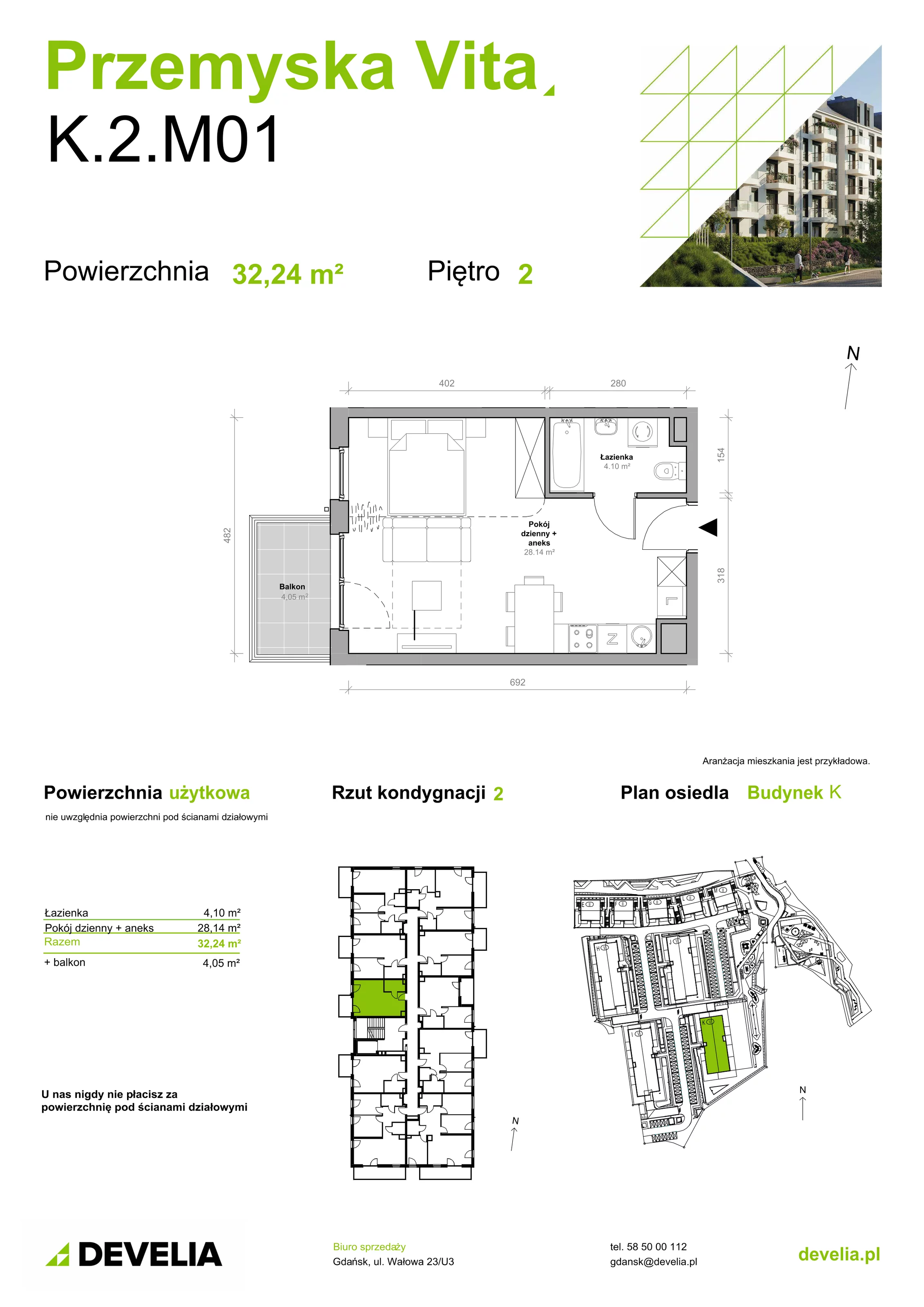 Mieszkanie 32,24 m², piętro 2, oferta nr K.2.M01, Przemyska Vita, Gdańsk, Ujeścisko-Łostowice, Ujeścisko, ul. Przemyska 37