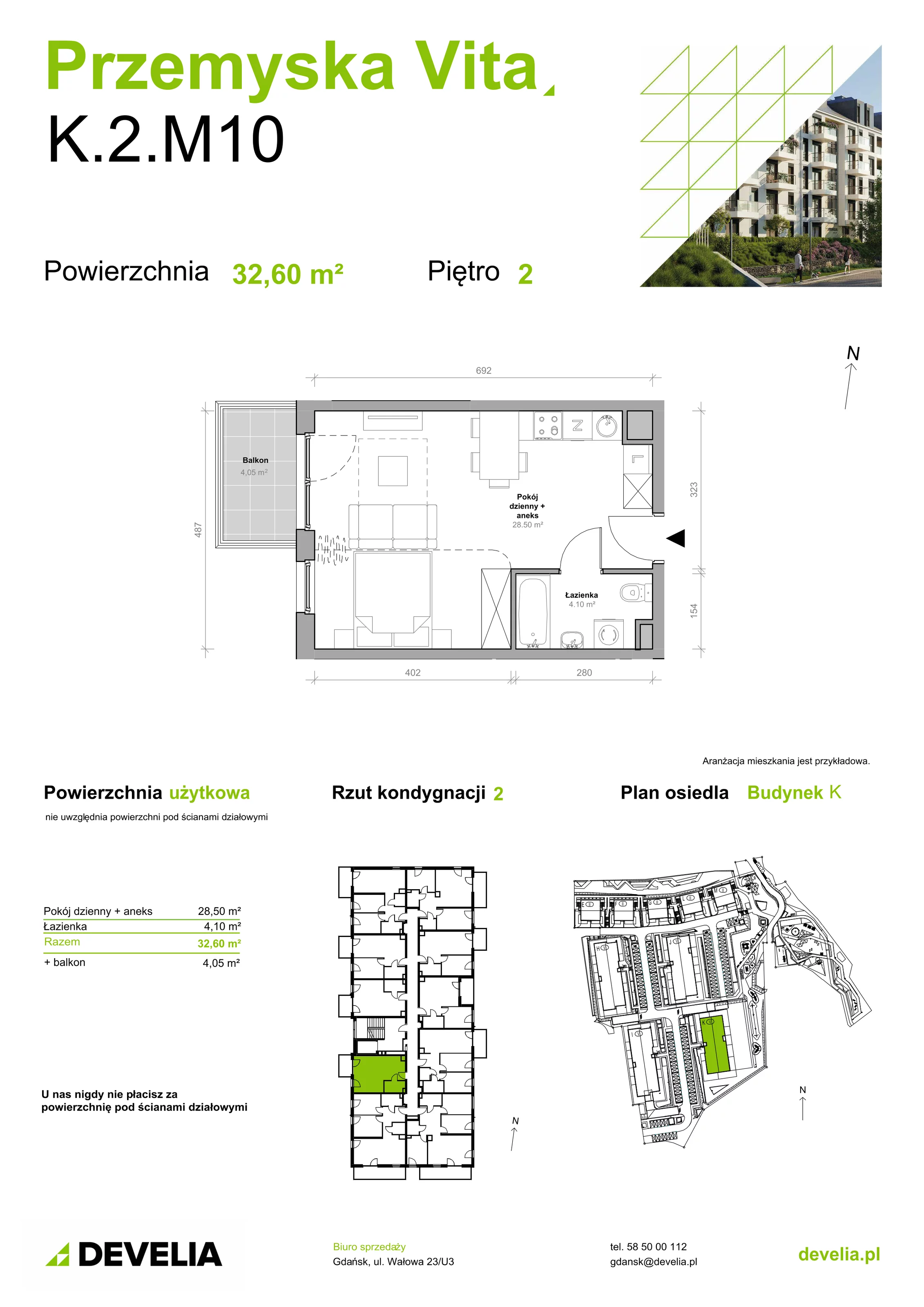 Mieszkanie 32,60 m², piętro 2, oferta nr K.2.M10, Przemyska Vita, Gdańsk, Ujeścisko-Łostowice, Ujeścisko, ul. Przemyska 37