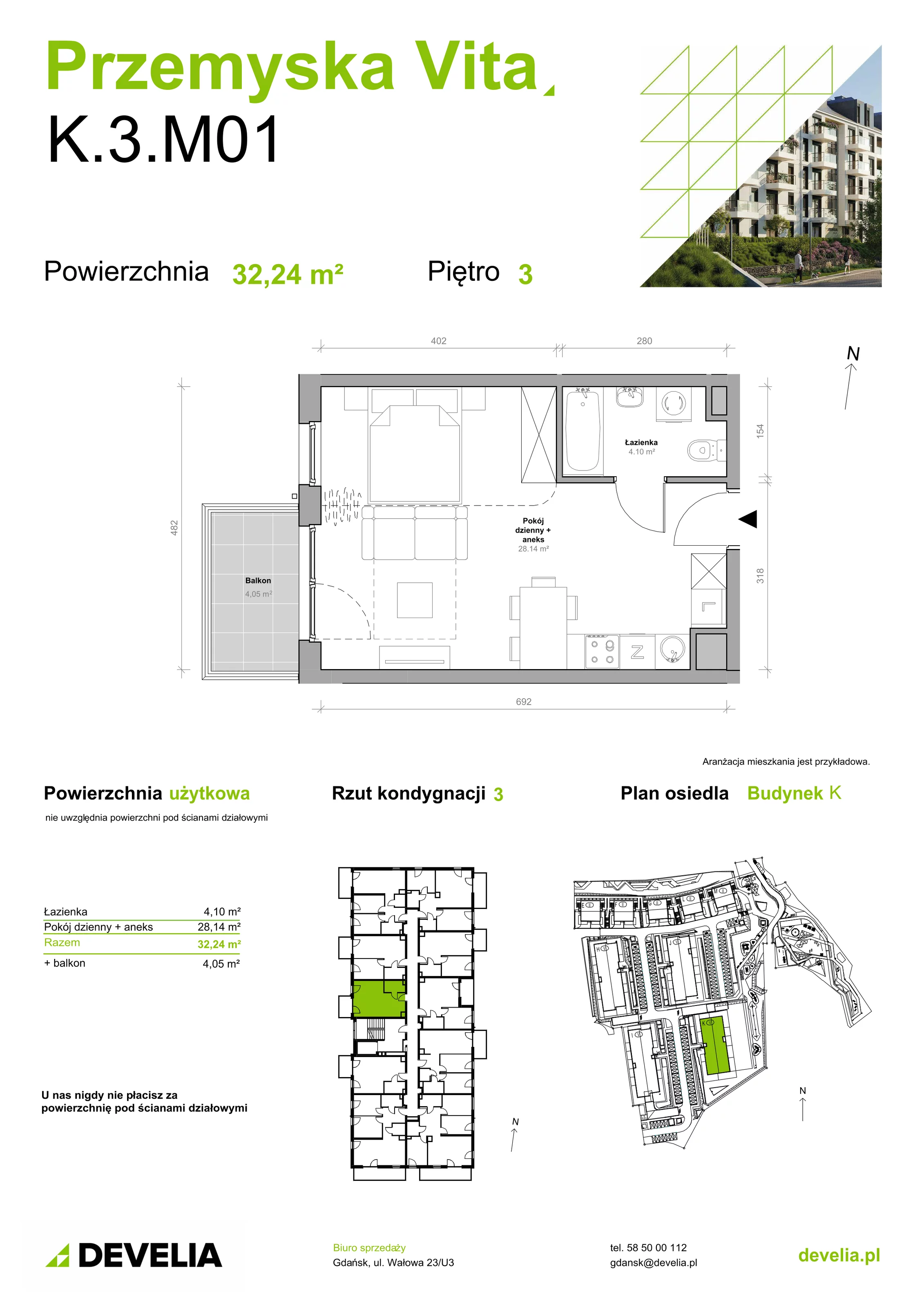 Mieszkanie 32,24 m², piętro 3, oferta nr K.3.M01, Przemyska Vita, Gdańsk, Ujeścisko-Łostowice, Ujeścisko, ul. Przemyska 37