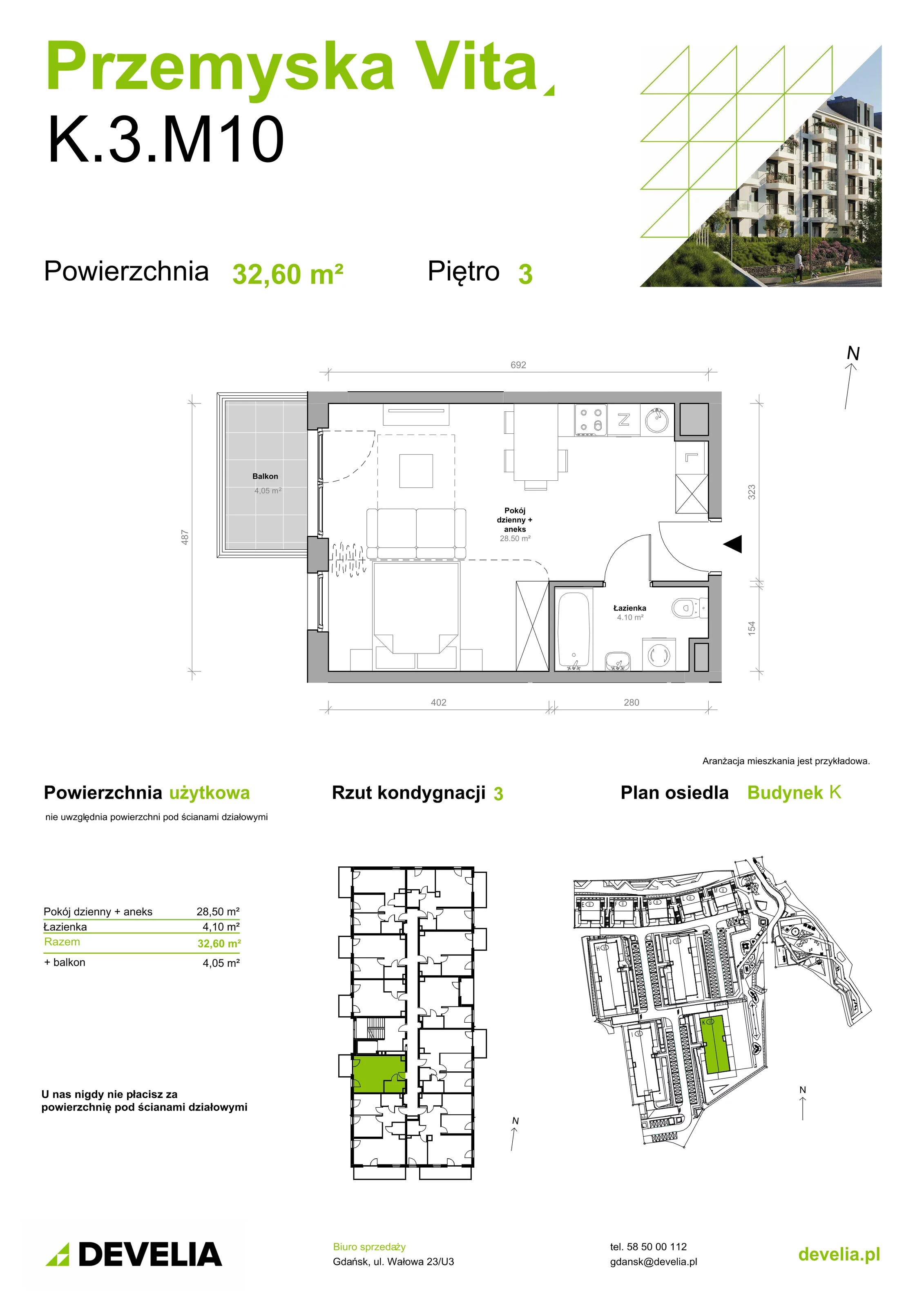 Mieszkanie 32,60 m², piętro 3, oferta nr K.3.M10, Przemyska Vita, Gdańsk, Ujeścisko-Łostowice, Ujeścisko, ul. Przemyska 37
