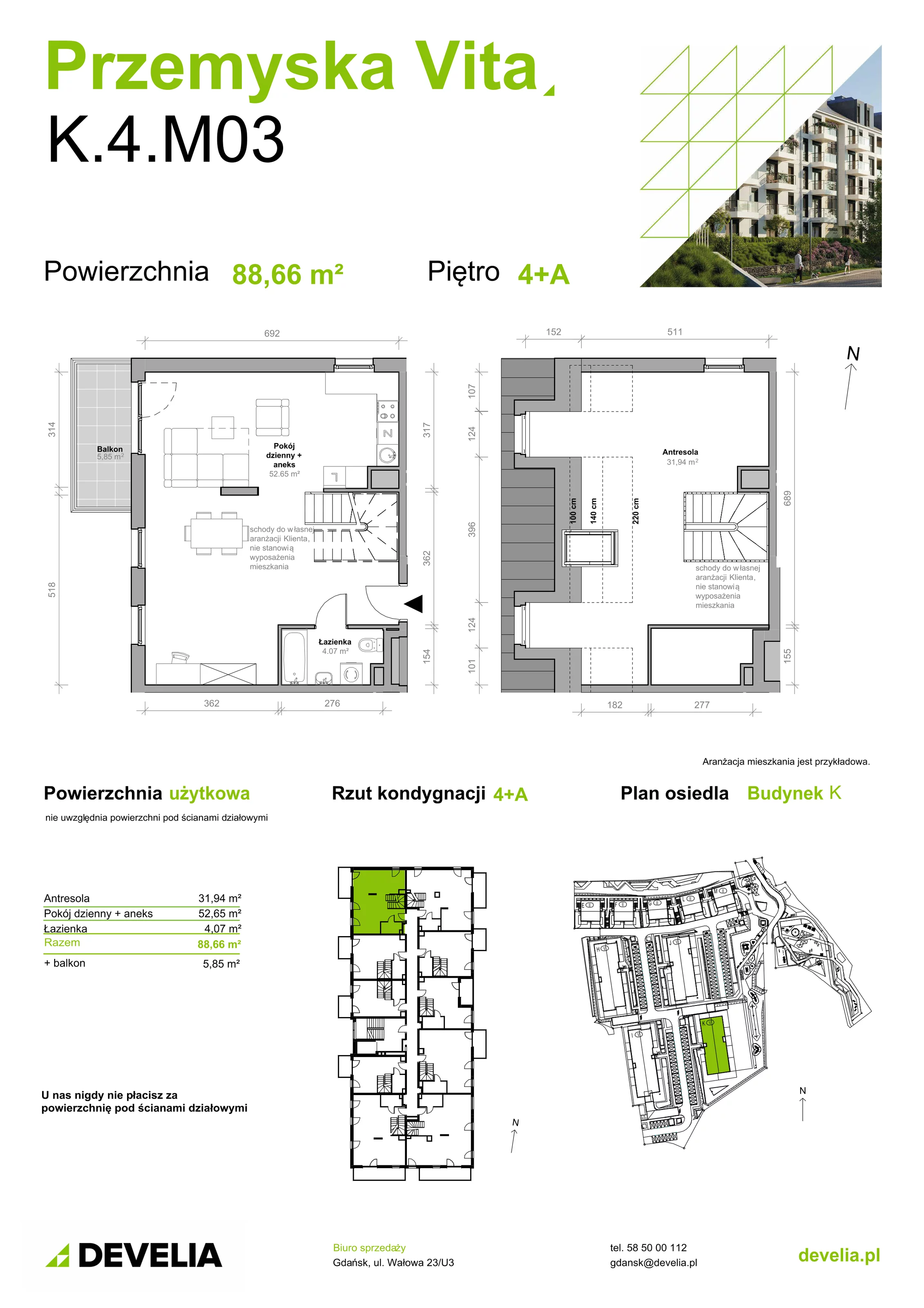 Mieszkanie 88,66 m², piętro 4, oferta nr K.4.M03, Przemyska Vita, Gdańsk, Ujeścisko-Łostowice, Ujeścisko, ul. Przemyska 37