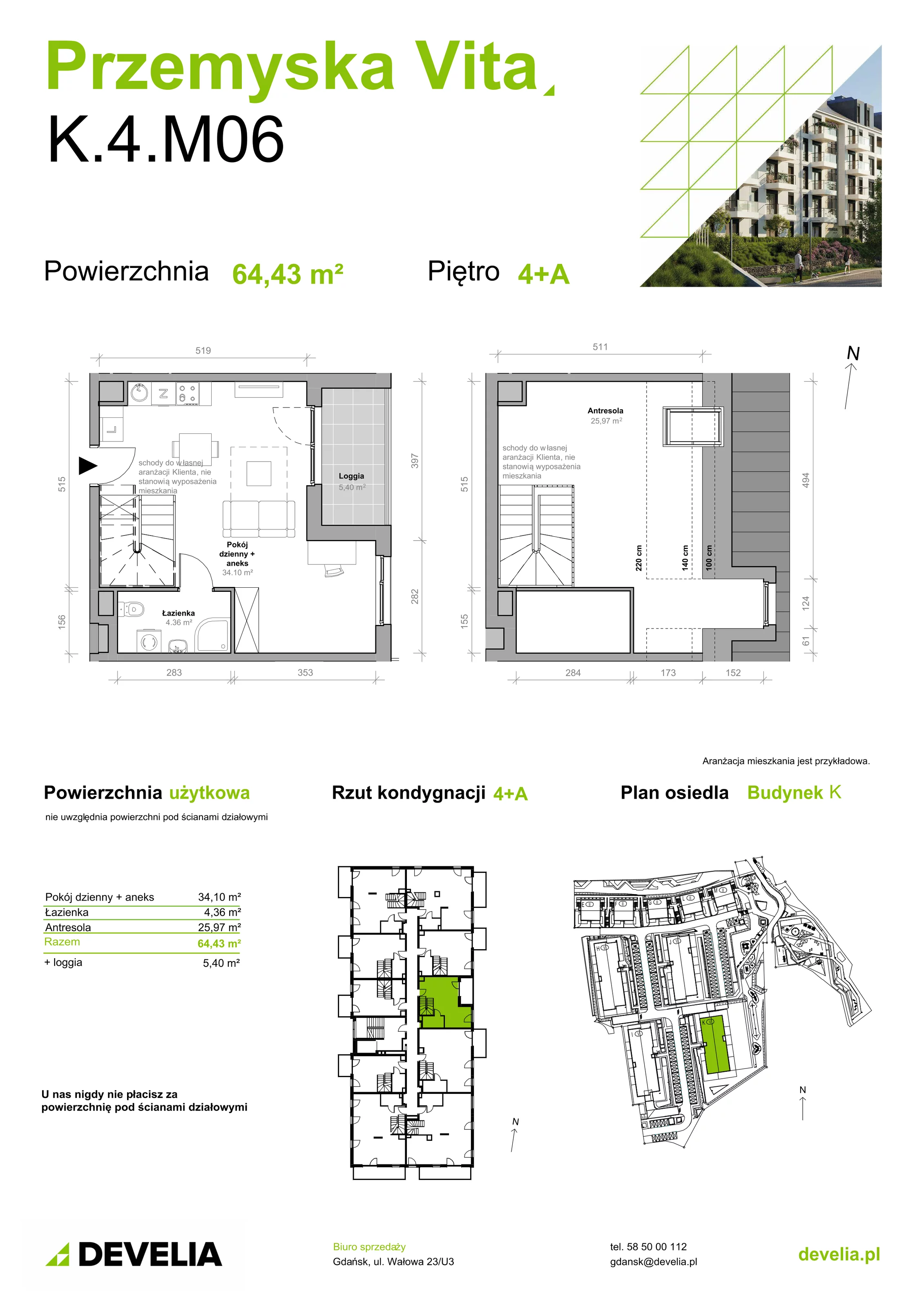 Mieszkanie 64,43 m², piętro 4, oferta nr K.4.M06, Przemyska Vita, Gdańsk, Ujeścisko-Łostowice, Ujeścisko, ul. Przemyska 37