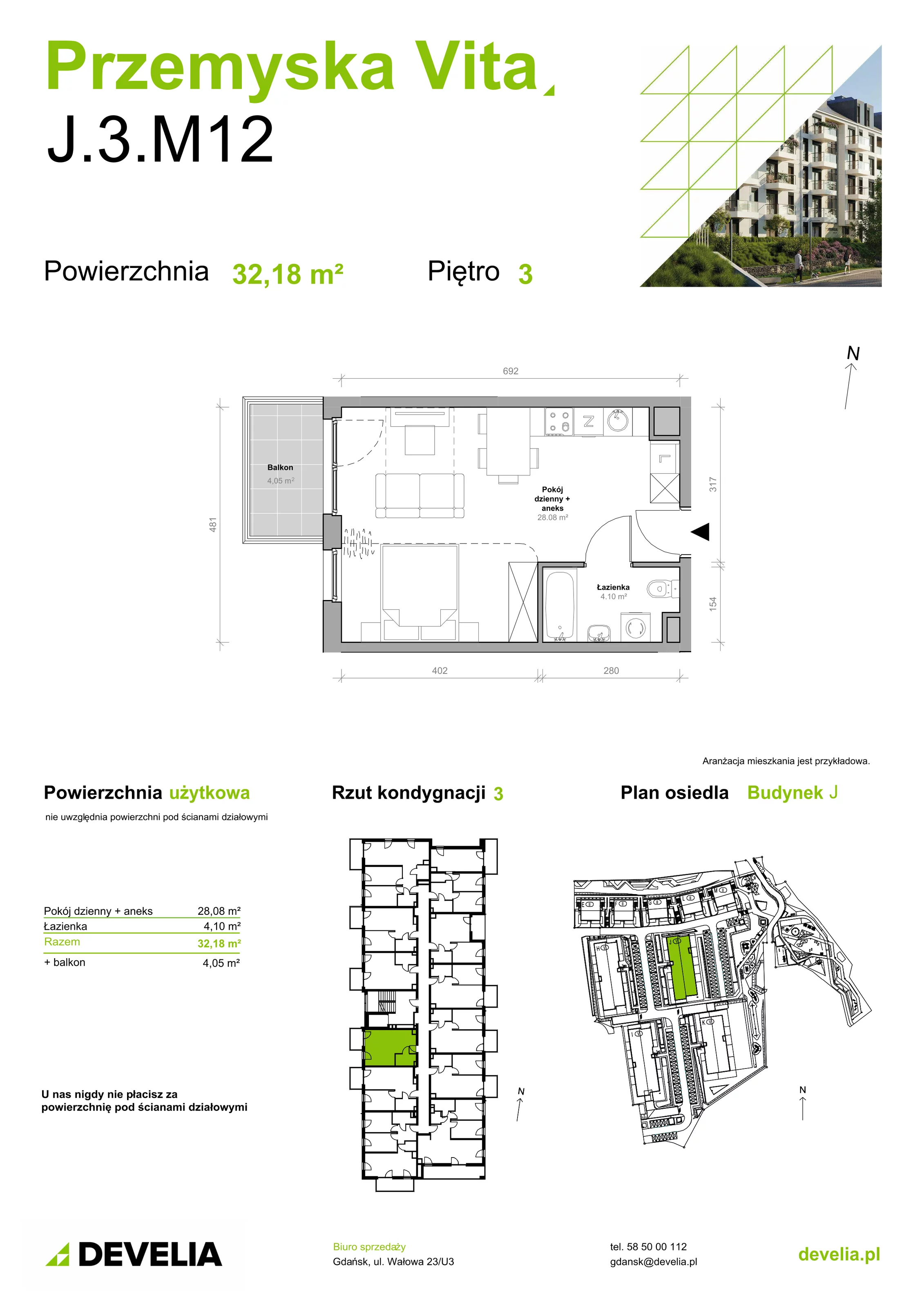 Mieszkanie 32,18 m², piętro 3, oferta nr J.3.M12, Przemyska Vita, Gdańsk, Ujeścisko-Łostowice, Ujeścisko, ul. Przemyska 37