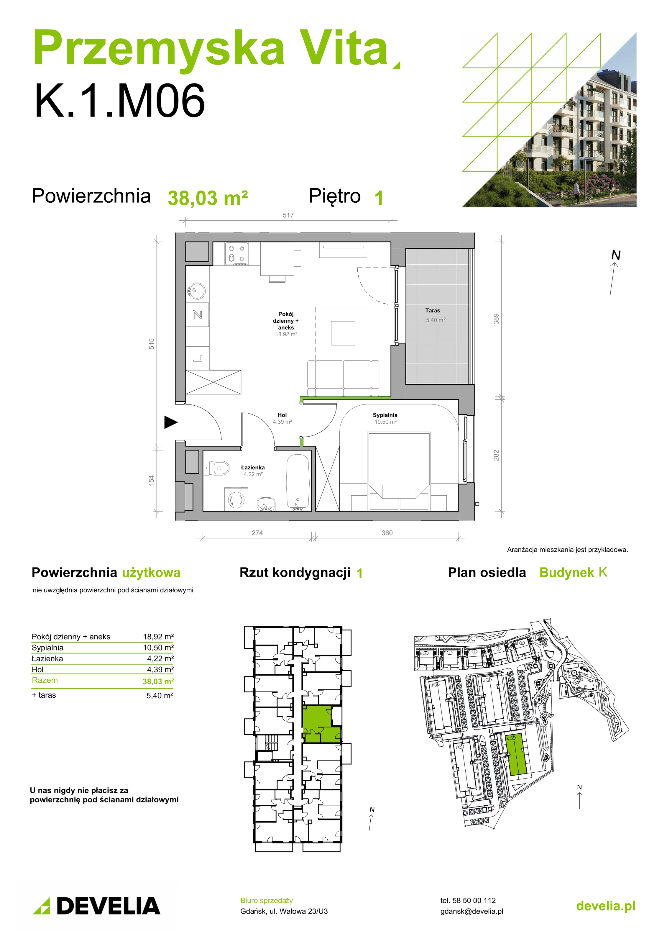 Mieszkanie 38,03 m², piętro 1, oferta nr K.1.M06, Przemyska Vita, Gdańsk, Ujeścisko-Łostowice, Ujeścisko, ul. Przemyska 37