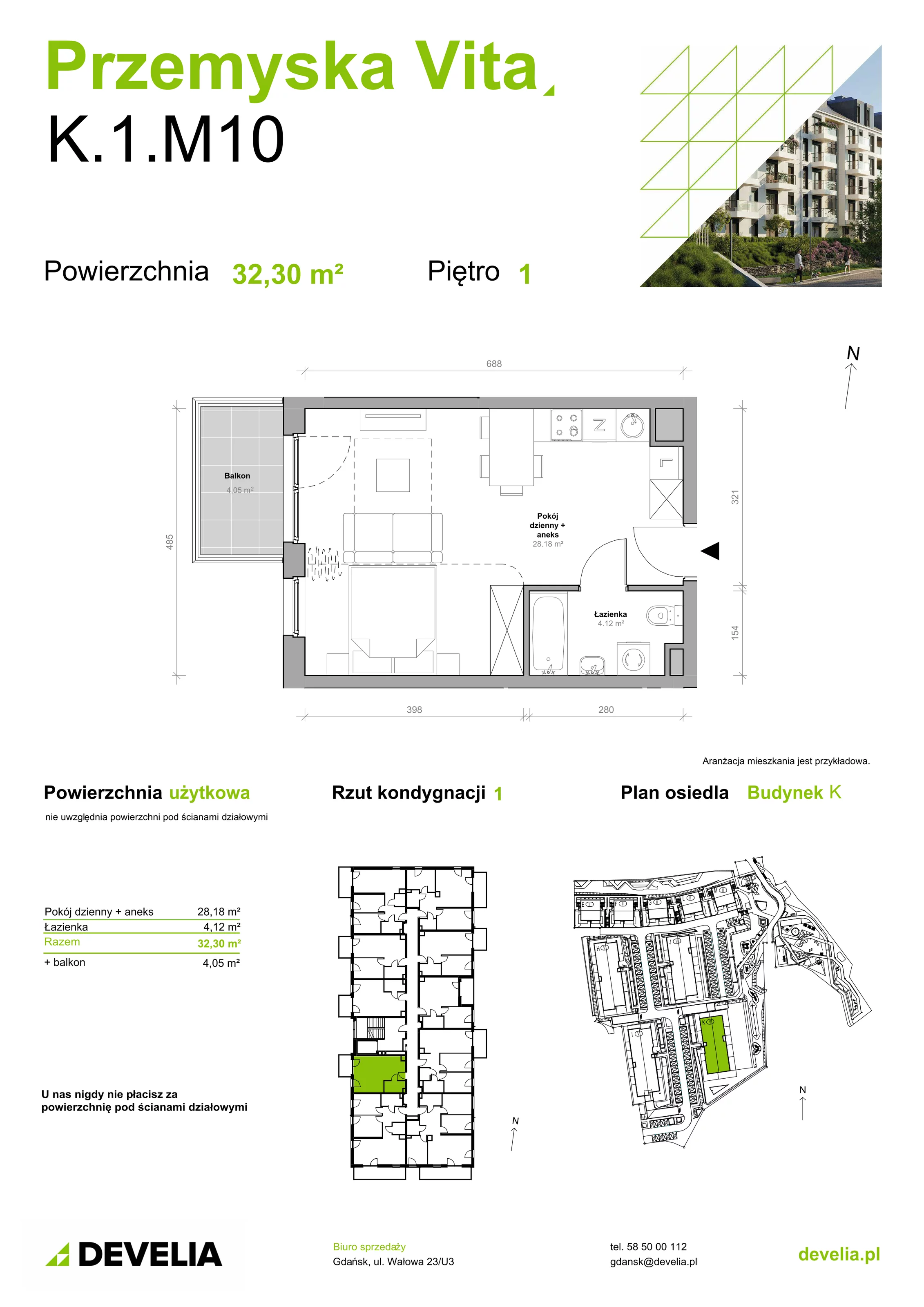 Mieszkanie 32,30 m², piętro 1, oferta nr K.1.M10, Przemyska Vita, Gdańsk, Ujeścisko-Łostowice, Ujeścisko, ul. Przemyska 37