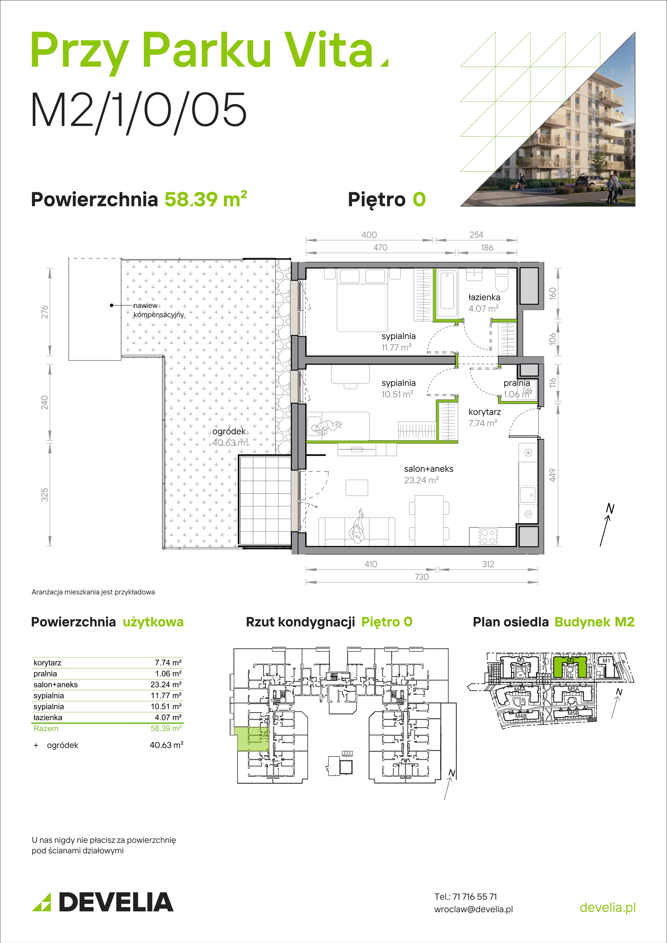 3 pokoje, mieszkanie 58,39 m², parter, oferta nr M2/1/0/05, Przy Parku Vita, Wrocław, Tarnogaj, Krzyki, ul. Międzyleska 2