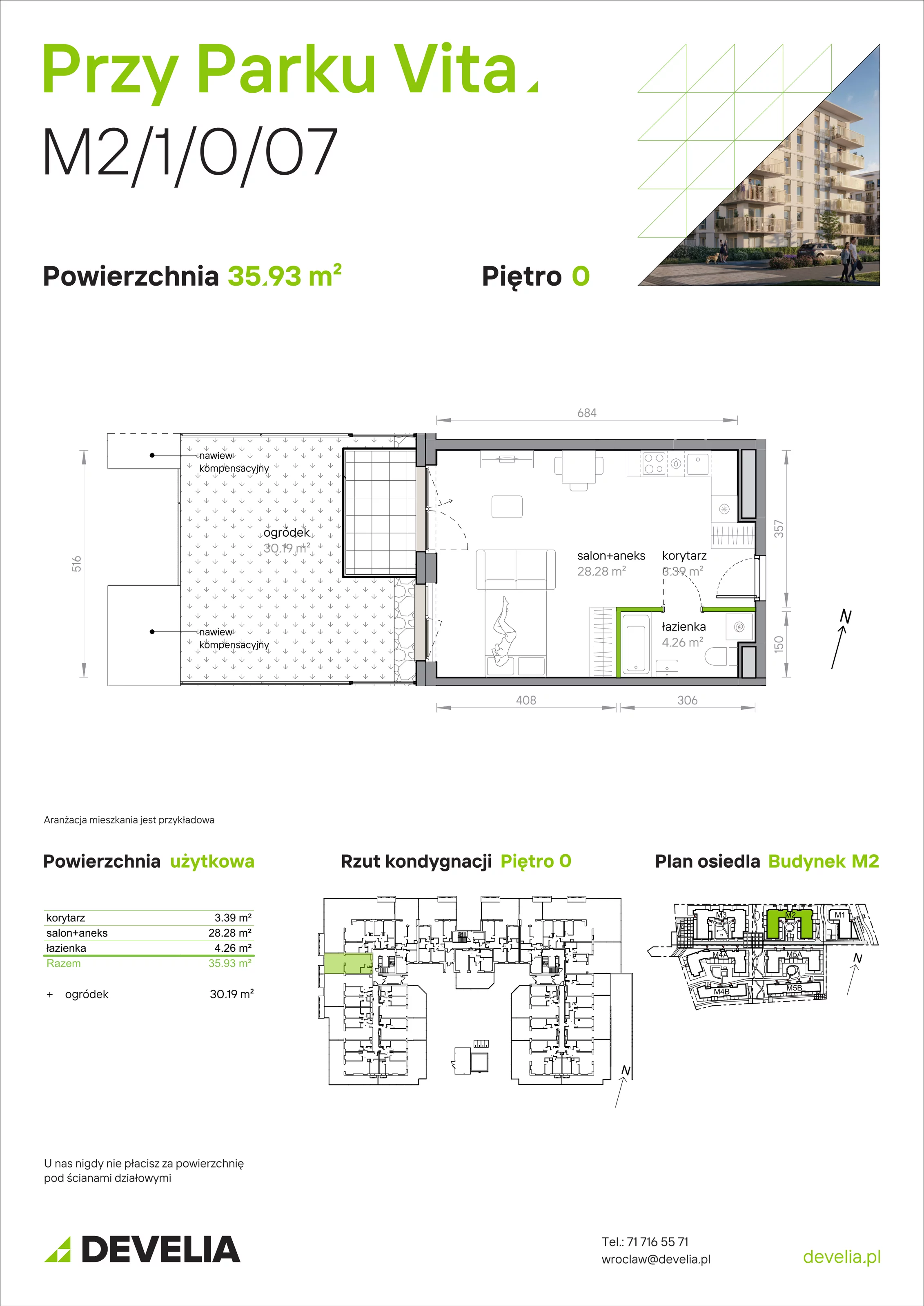 1 pokój, mieszkanie 35,93 m², parter, oferta nr M2/1/0/07, Przy Parku Vita, Wrocław, Tarnogaj, Krzyki, ul. Międzyleska 2