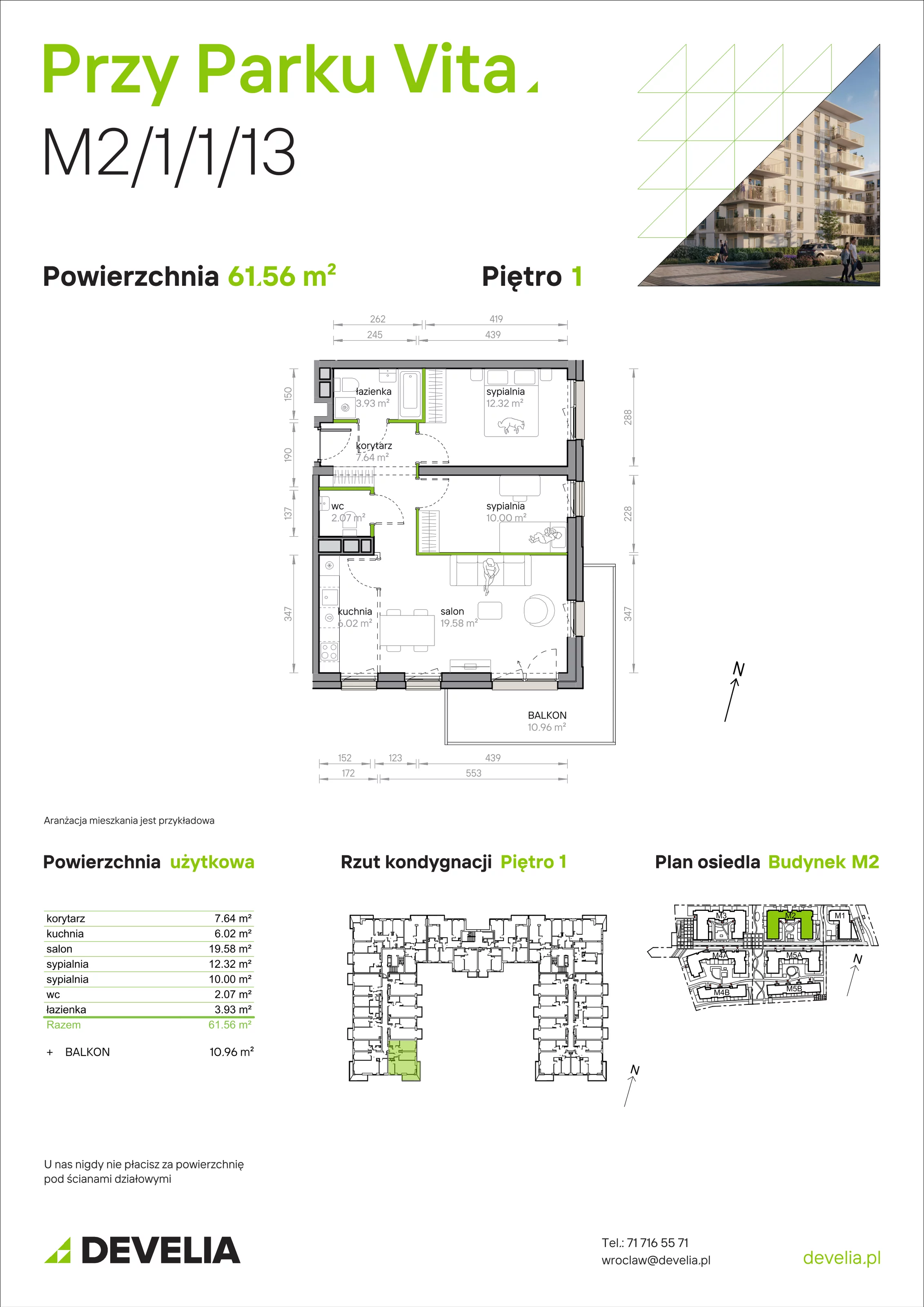 3 pokoje, mieszkanie 61,56 m², piętro 1, oferta nr M2/1/1/13, Przy Parku Vita, Wrocław, Tarnogaj, Krzyki, ul. Międzyleska 2