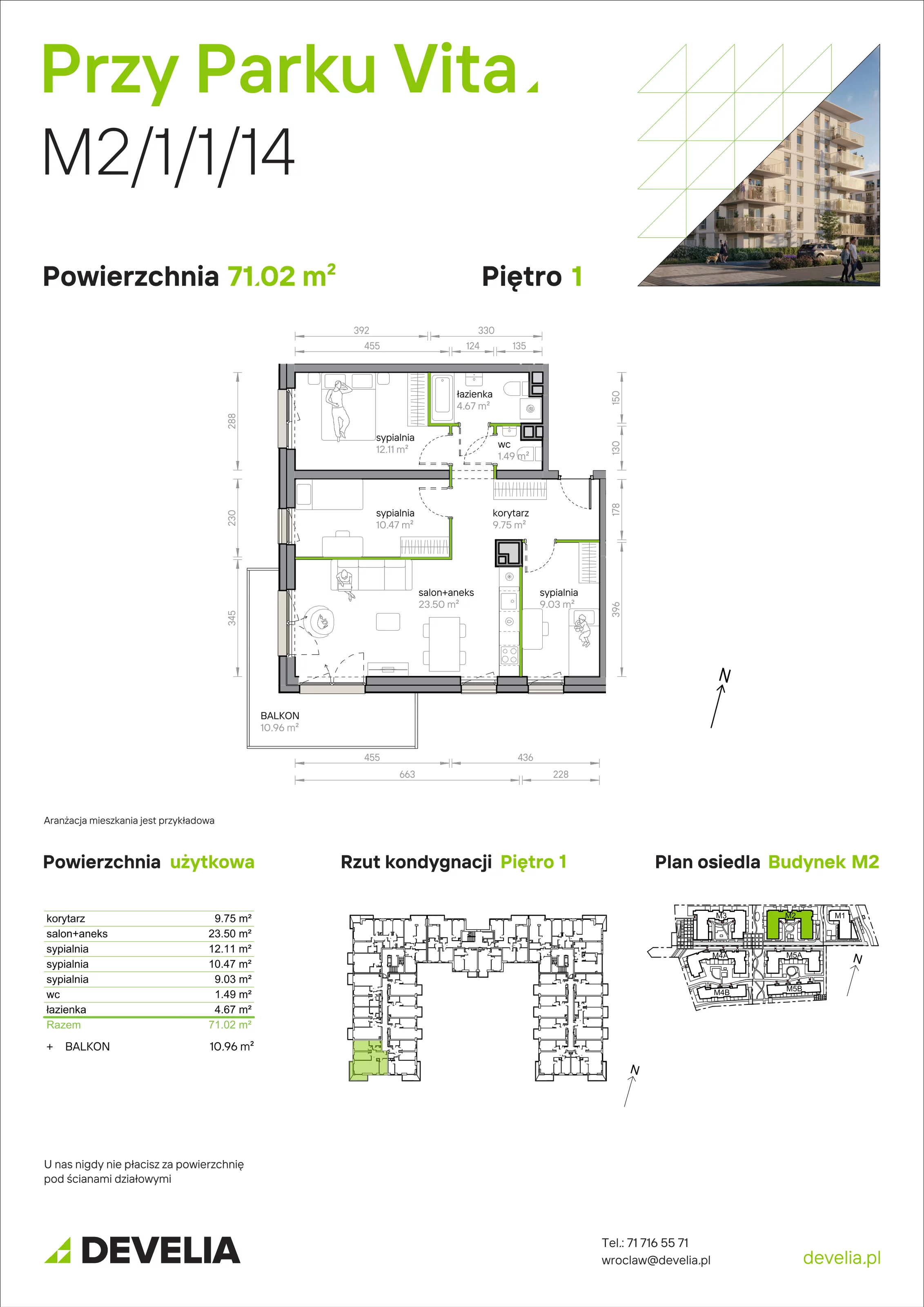 4 pokoje, mieszkanie 71,02 m², piętro 1, oferta nr M2/1/1/14, Przy Parku Vita, Wrocław, Tarnogaj, Krzyki, ul. Międzyleska 2