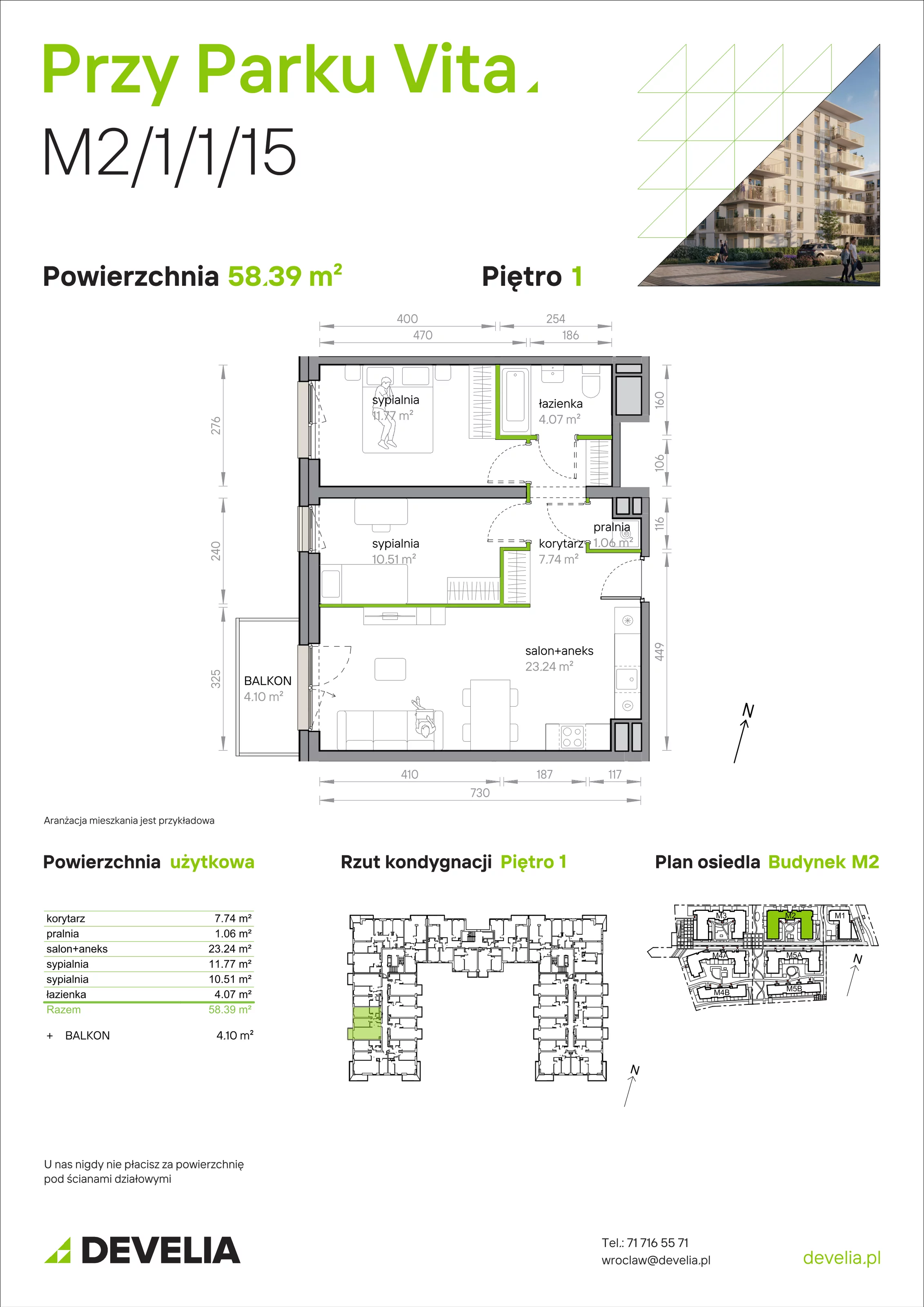 3 pokoje, mieszkanie 58,39 m², piętro 1, oferta nr M2/1/1/15, Przy Parku Vita, Wrocław, Tarnogaj, Krzyki, ul. Międzyleska 2