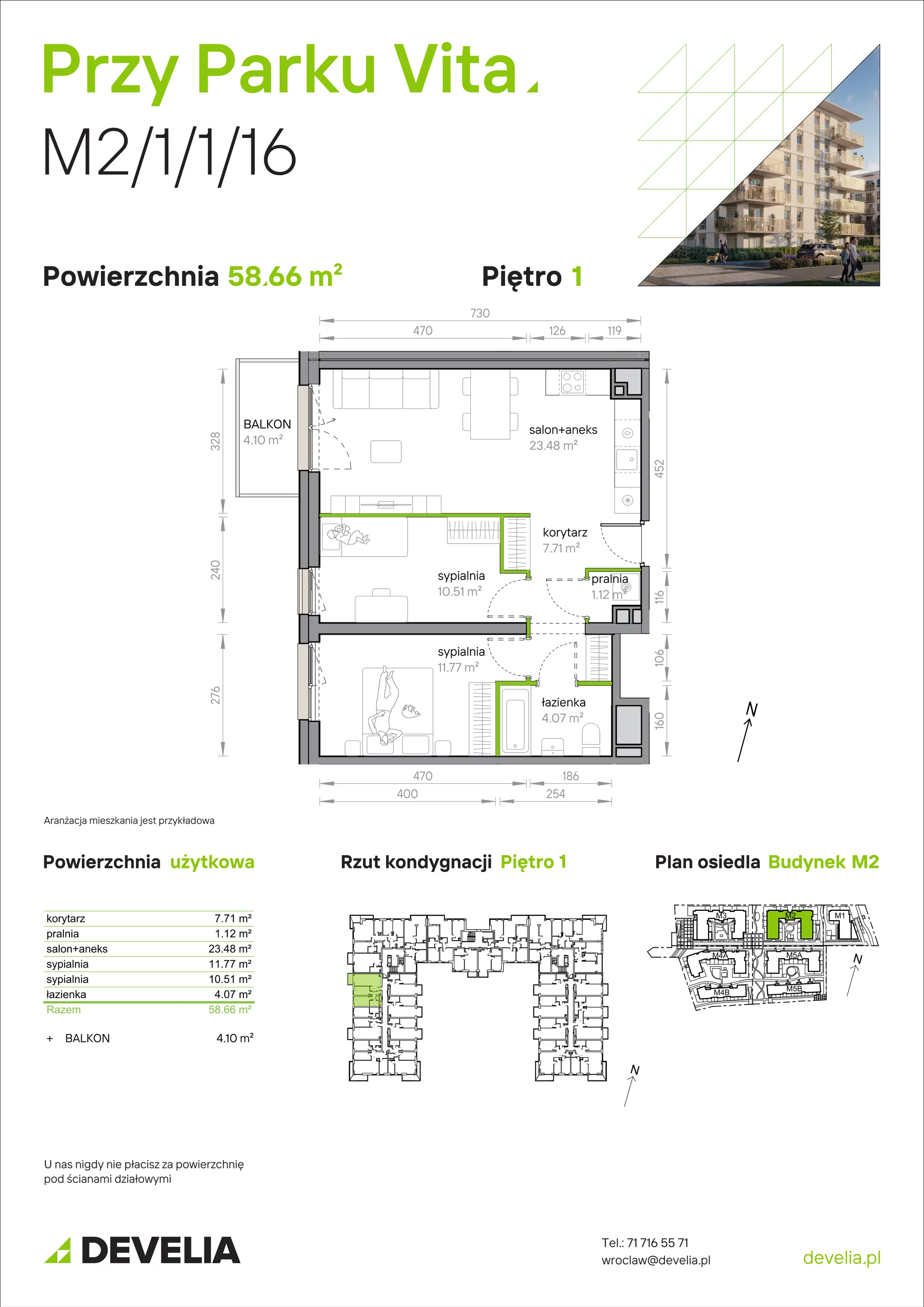 3 pokoje, mieszkanie 58,66 m², piętro 1, oferta nr M2/1/1/16, Przy Parku Vita, Wrocław, Tarnogaj, Krzyki, ul. Międzyleska 2