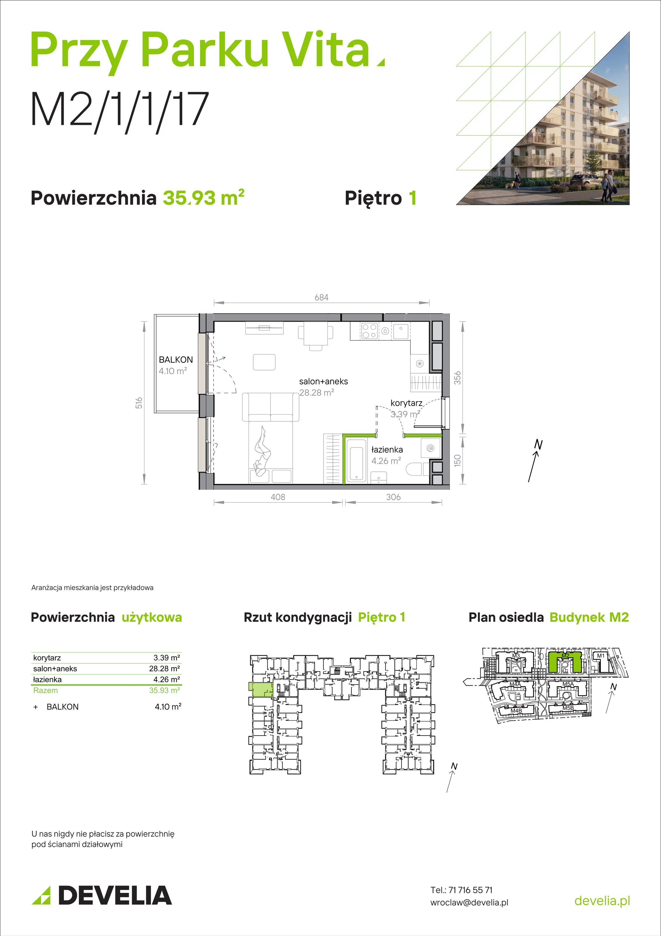 1 pokój, mieszkanie 35,93 m², piętro 1, oferta nr M2/1/1/17, Przy Parku Vita, Wrocław, Tarnogaj, Krzyki, ul. Międzyleska 2