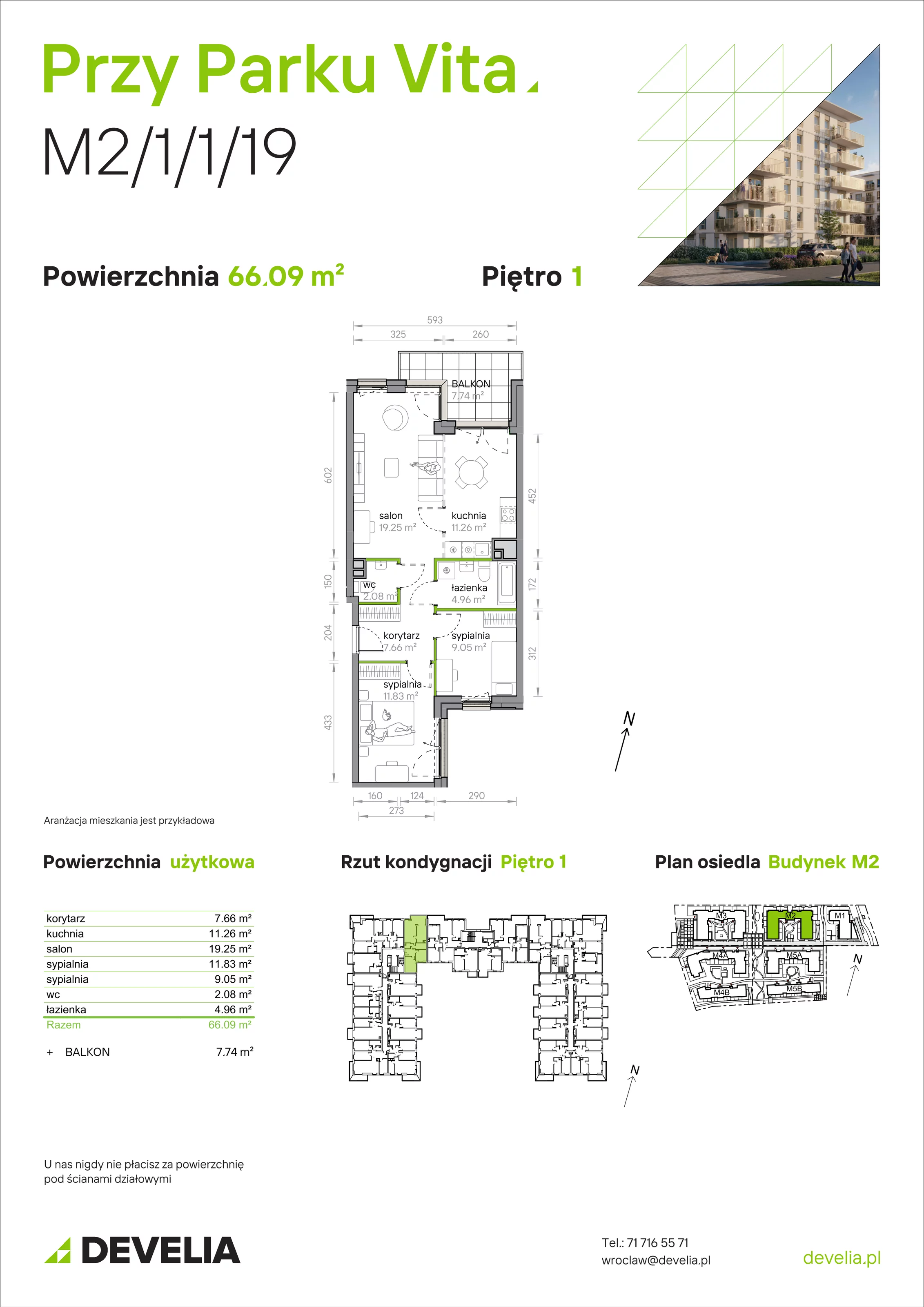 3 pokoje, mieszkanie 66,09 m², piętro 1, oferta nr M2/1/1/19, Przy Parku Vita, Wrocław, Tarnogaj, Krzyki, ul. Międzyleska 2