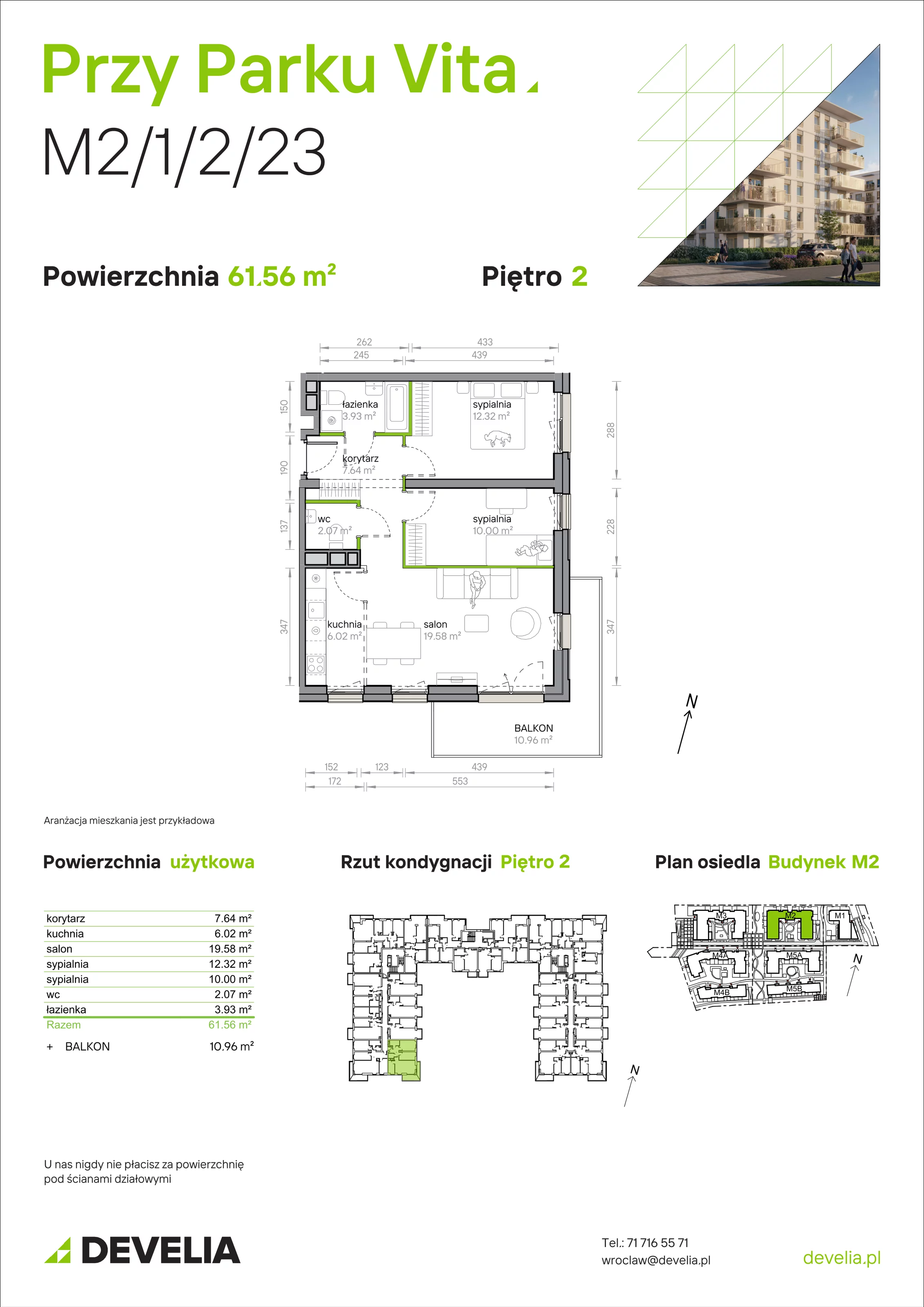 3 pokoje, mieszkanie 61,56 m², piętro 2, oferta nr M2/1/2/23, Przy Parku Vita, Wrocław, Tarnogaj, Krzyki, ul. Międzyleska 2