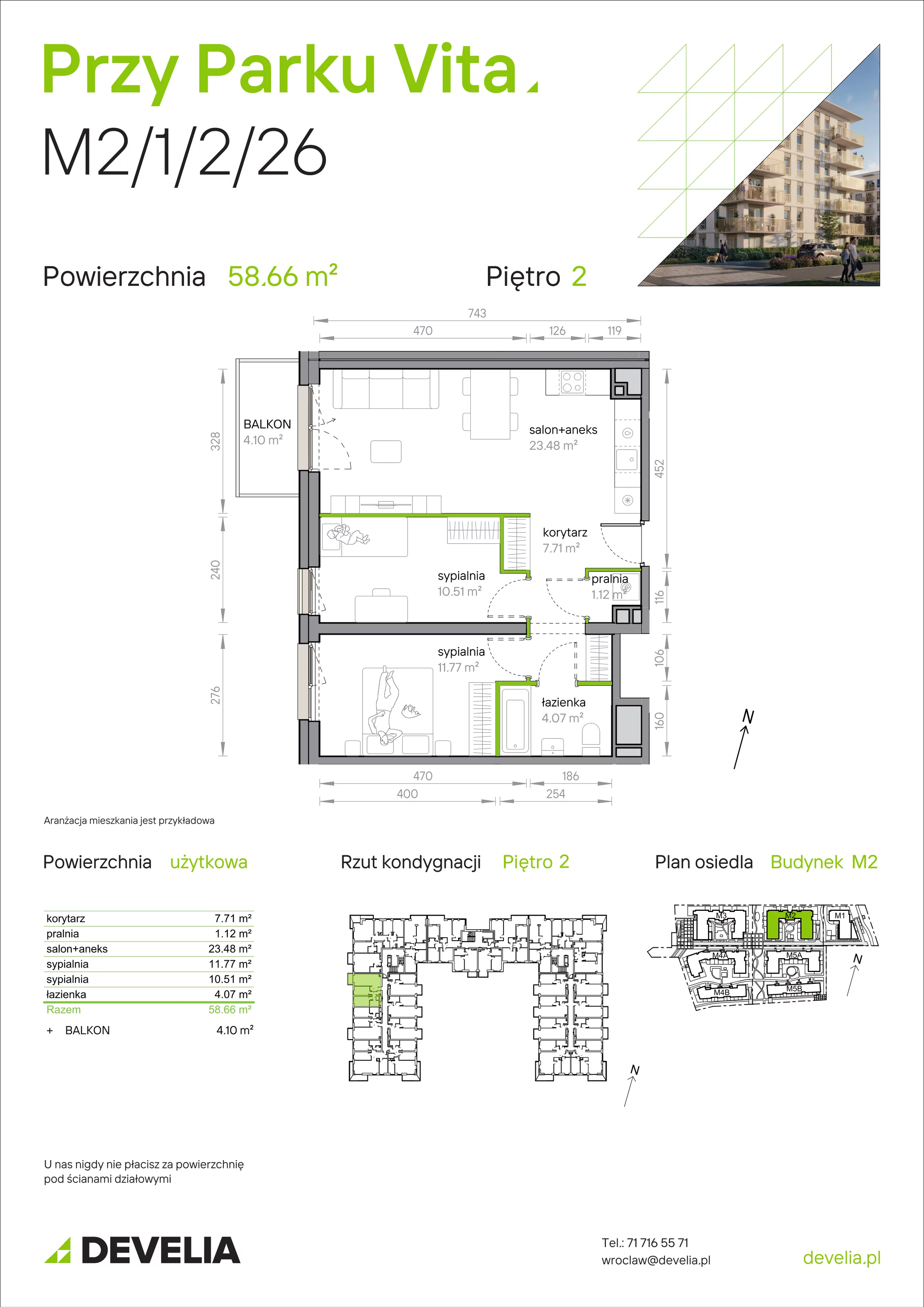 3 pokoje, mieszkanie 58,66 m², piętro 2, oferta nr M2/1/2/26, Przy Parku Vita, Wrocław, Tarnogaj, Krzyki, ul. Międzyleska 2