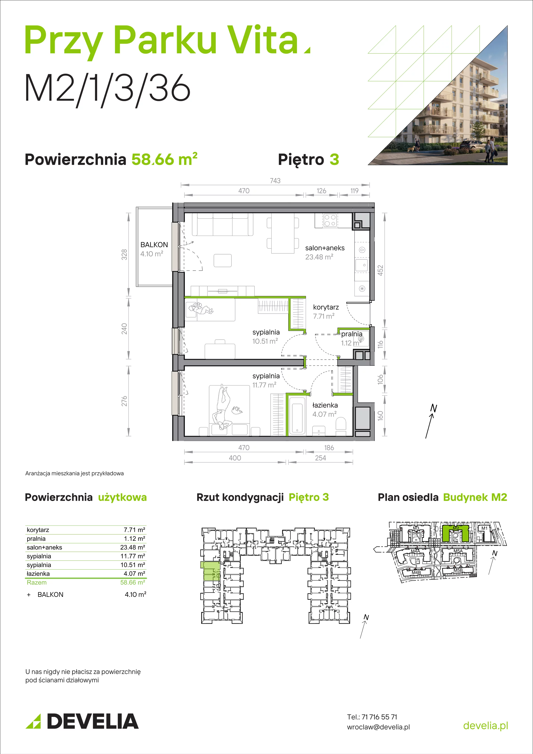 3 pokoje, mieszkanie 58,66 m², piętro 3, oferta nr M2/1/3/36, Przy Parku Vita, Wrocław, Tarnogaj, Krzyki, ul. Międzyleska 2