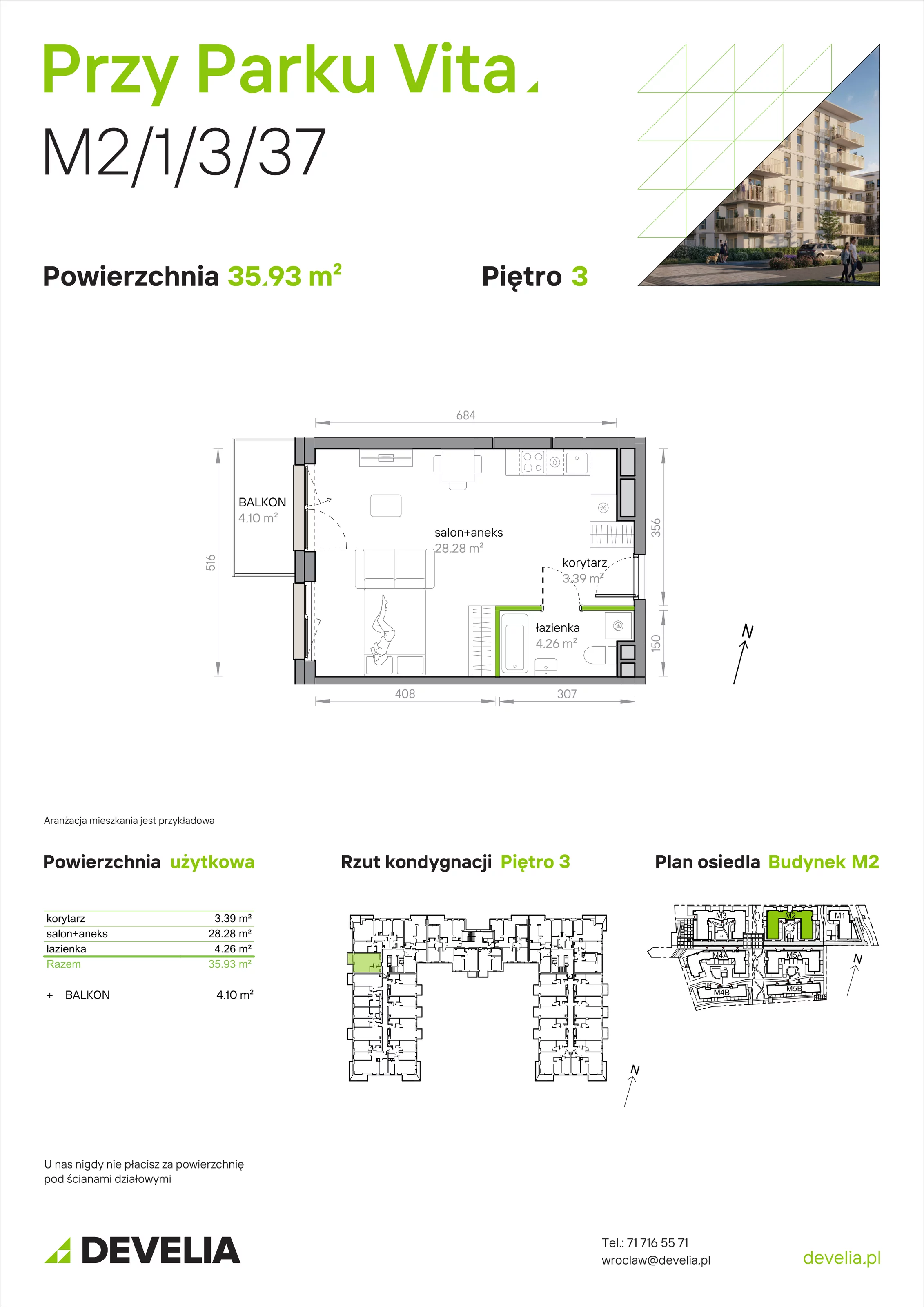 1 pokój, mieszkanie 35,93 m², piętro 3, oferta nr M2/1/3/37, Przy Parku Vita, Wrocław, Tarnogaj, Krzyki, ul. Międzyleska 2