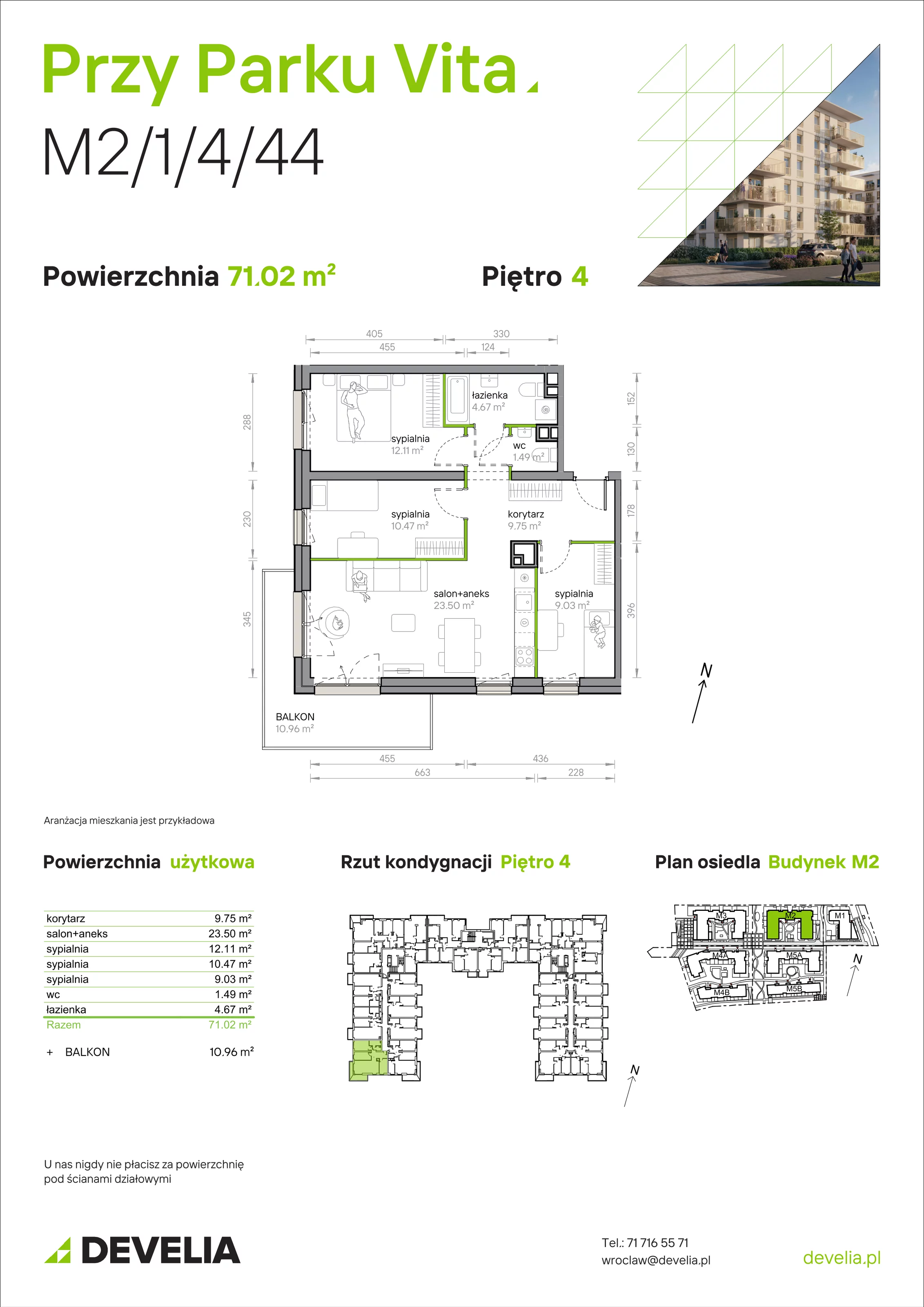 4 pokoje, mieszkanie 71,02 m², piętro 4, oferta nr M2/1/4/44, Przy Parku Vita, Wrocław, Tarnogaj, Krzyki, ul. Międzyleska 2