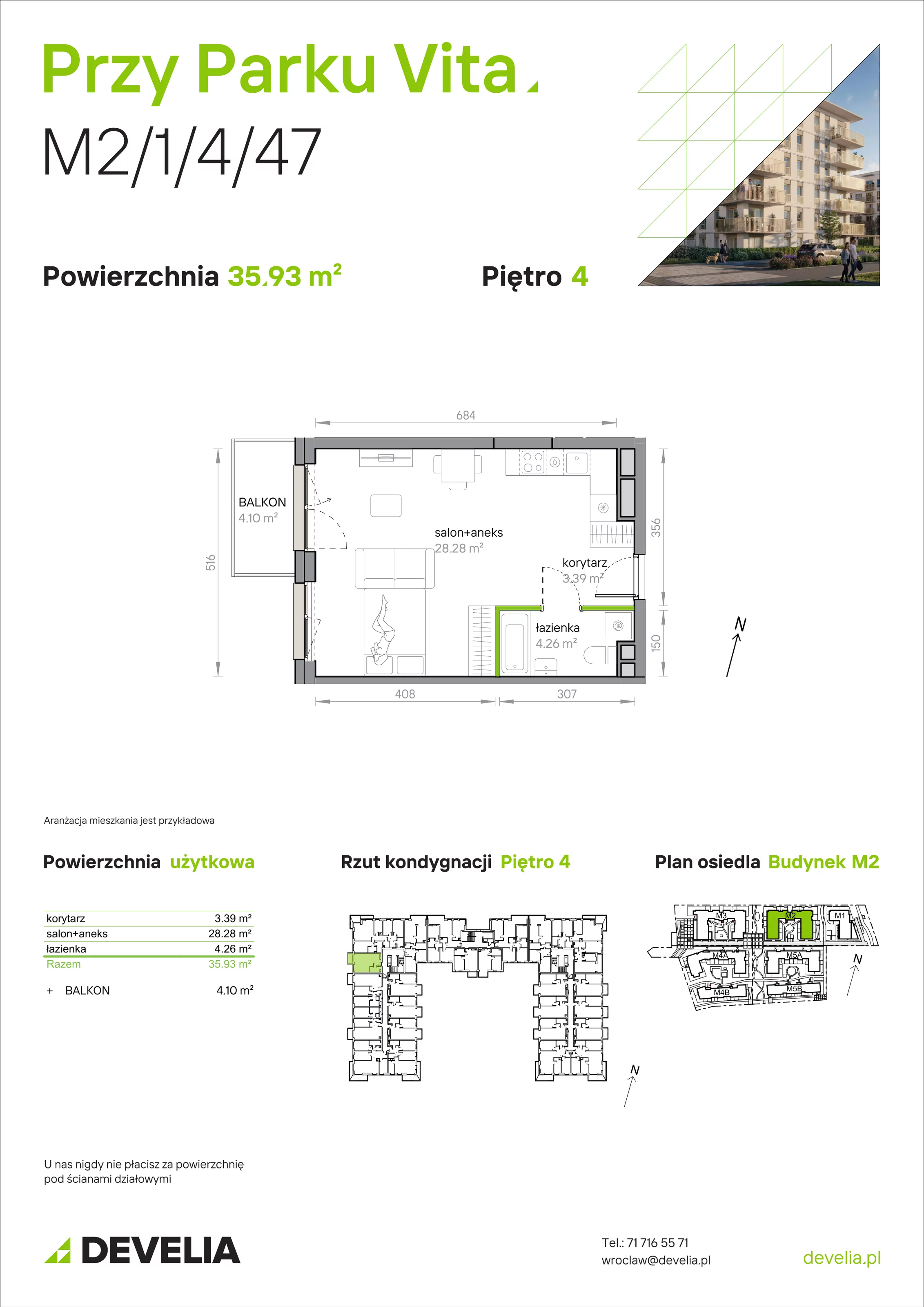 1 pokój, mieszkanie 35,93 m², piętro 4, oferta nr M2/1/4/47, Przy Parku Vita, Wrocław, Tarnogaj, Krzyki, ul. Międzyleska 2