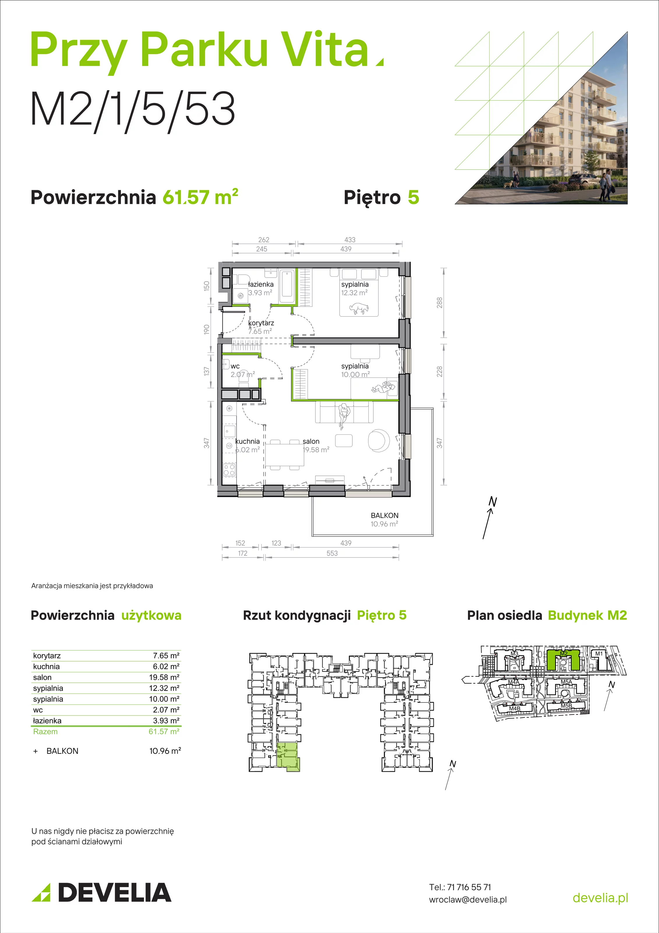 3 pokoje, mieszkanie 61,57 m², piętro 5, oferta nr M2/1/5/53, Przy Parku Vita, Wrocław, Tarnogaj, Krzyki, ul. Międzyleska 2