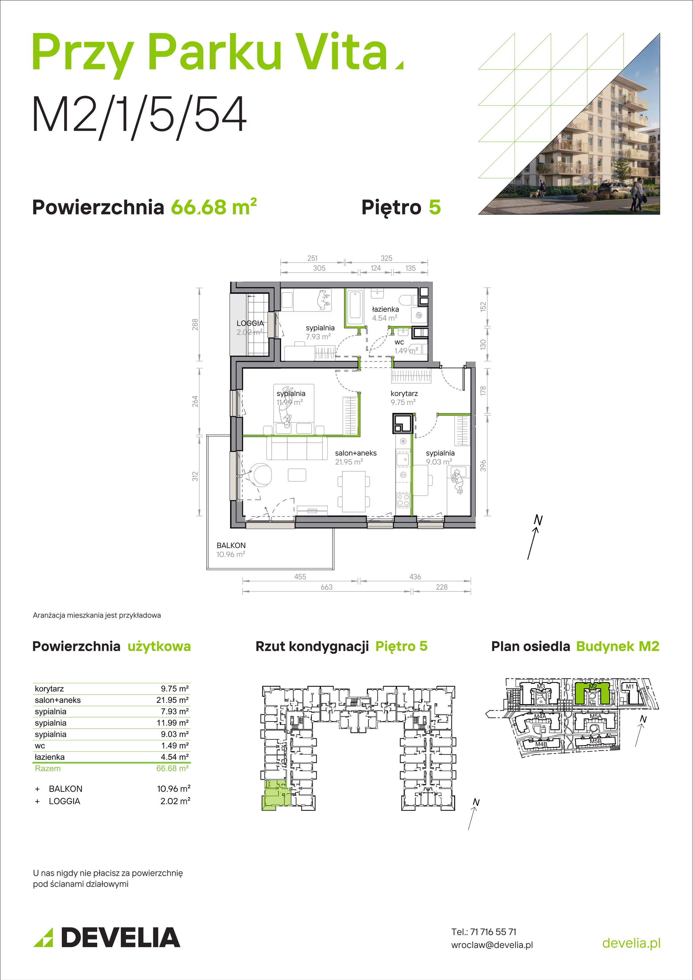 4 pokoje, mieszkanie 66,68 m², piętro 5, oferta nr M2/1/5/54, Przy Parku Vita, Wrocław, Tarnogaj, Krzyki, ul. Międzyleska 2