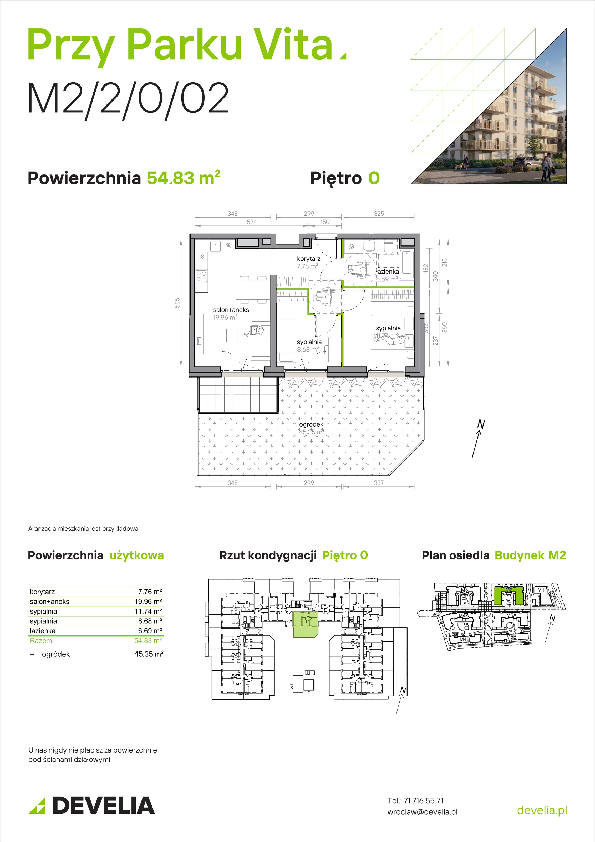 3 pokoje, mieszkanie 54,83 m², parter, oferta nr M2/2/0/02, Przy Parku Vita, Wrocław, Tarnogaj, Krzyki, ul. Międzyleska 2