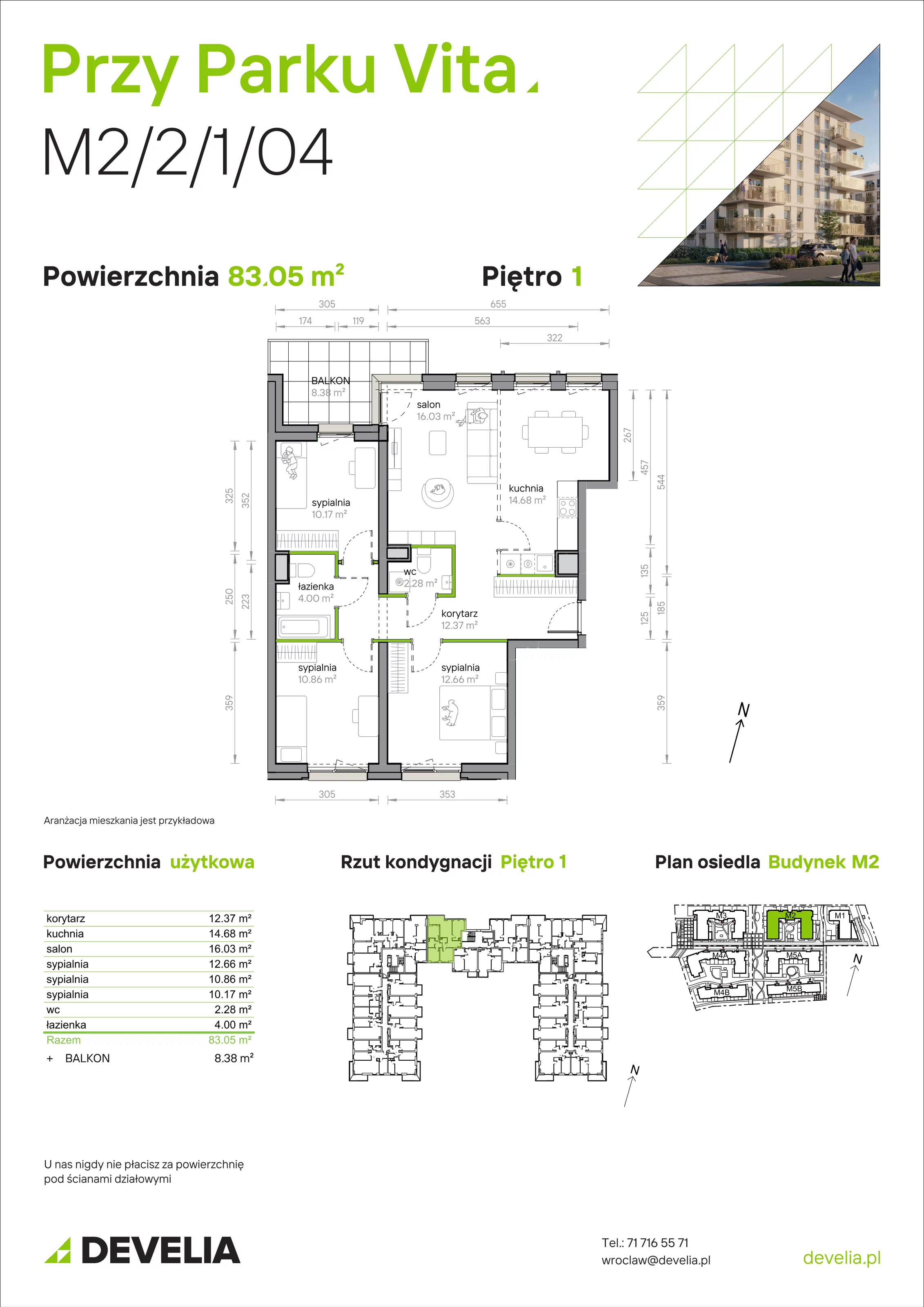 4 pokoje, mieszkanie 83,05 m², piętro 1, oferta nr M2/2/1/04, Przy Parku Vita, Wrocław, Tarnogaj, Krzyki, ul. Międzyleska 2