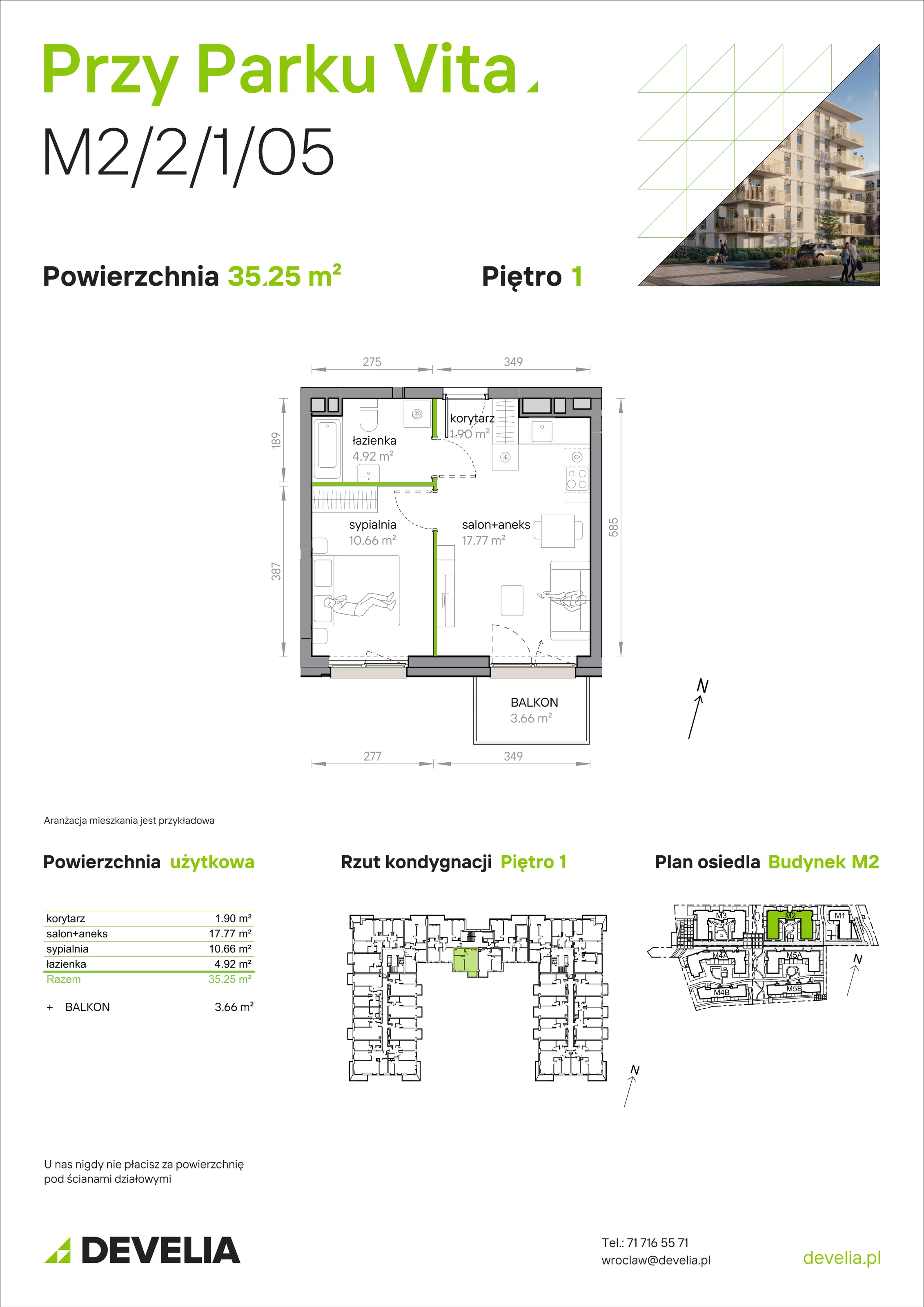 2 pokoje, mieszkanie 35,25 m², piętro 1, oferta nr M2/2/1/05, Przy Parku Vita, Wrocław, Tarnogaj, Krzyki, ul. Międzyleska 2