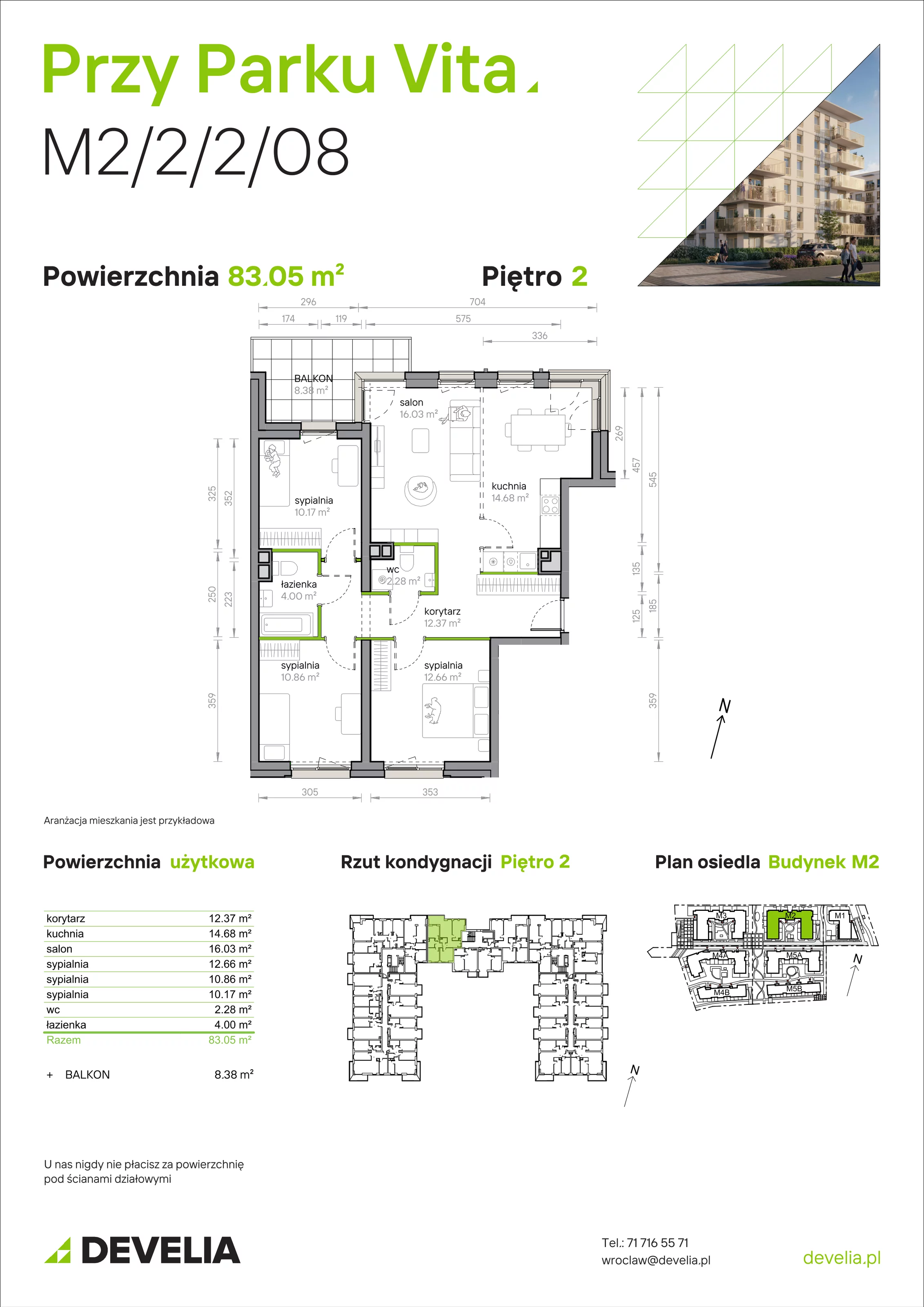 4 pokoje, mieszkanie 83,05 m², piętro 2, oferta nr M2/2/2/08, Przy Parku Vita, Wrocław, Tarnogaj, Krzyki, ul. Międzyleska 2