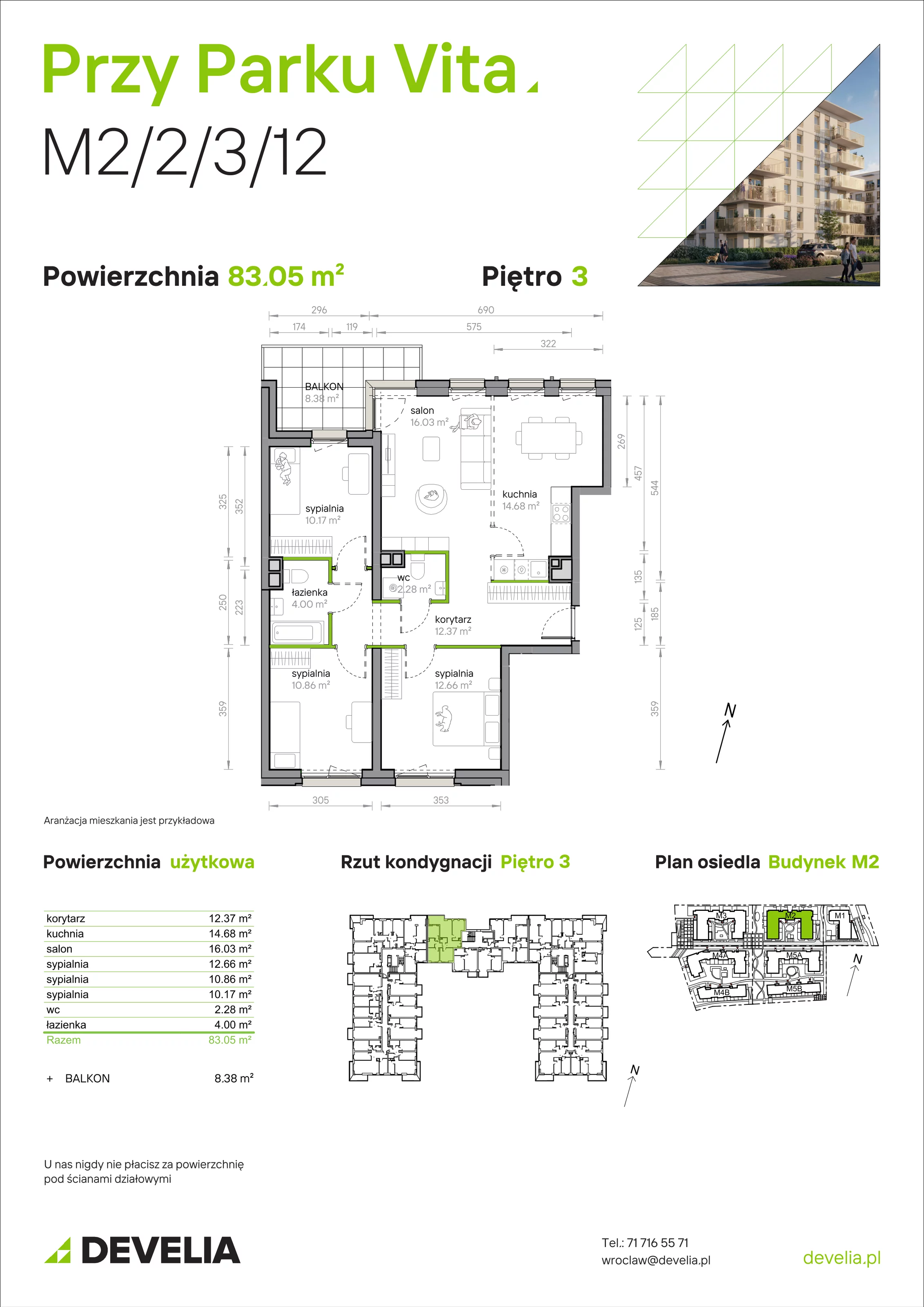4 pokoje, mieszkanie 83,05 m², piętro 3, oferta nr M2/2/3/12, Przy Parku Vita, Wrocław, Tarnogaj, Krzyki, ul. Międzyleska 2